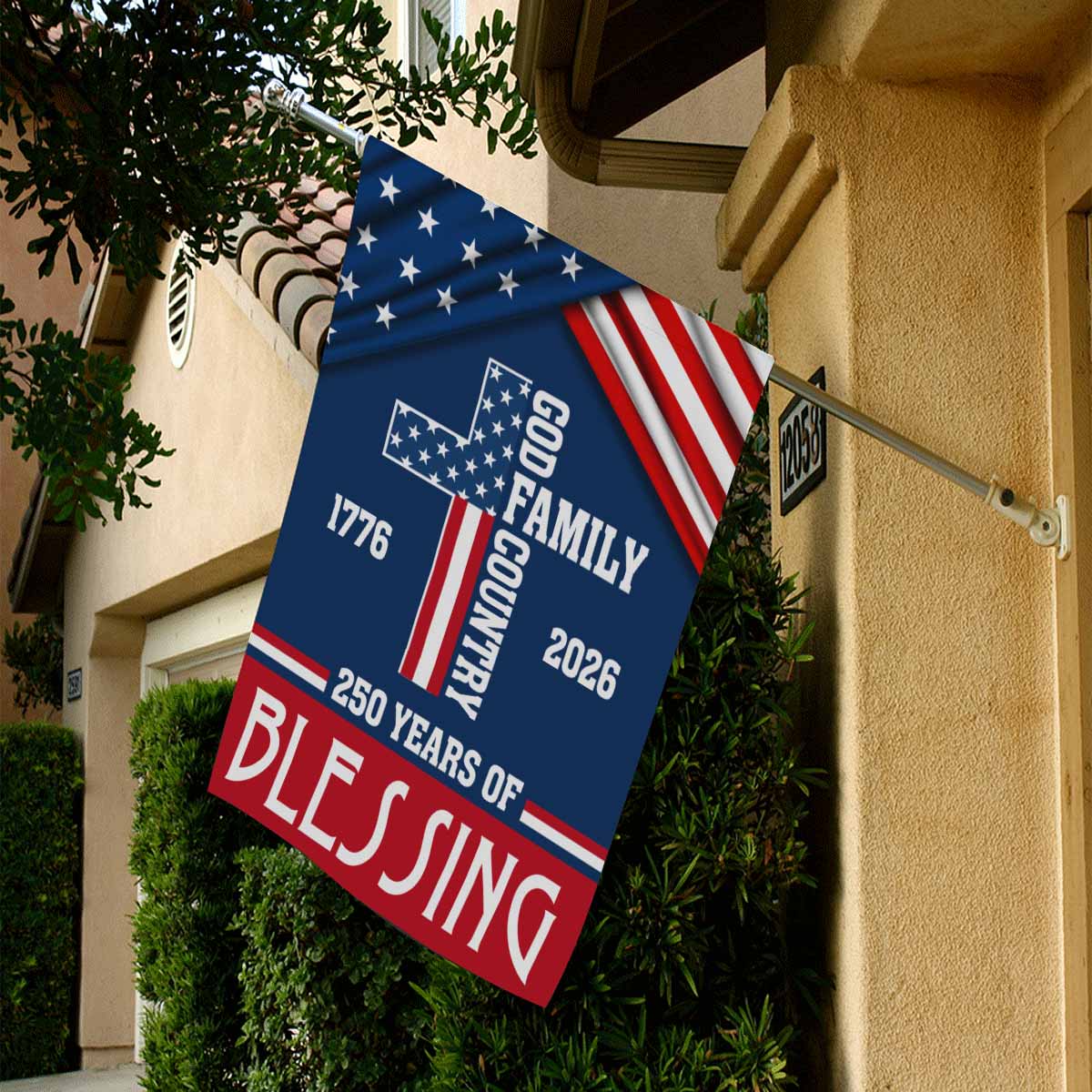 God Family Country House Flag – America 250 Patriotic Christian Decor 1776–2026
