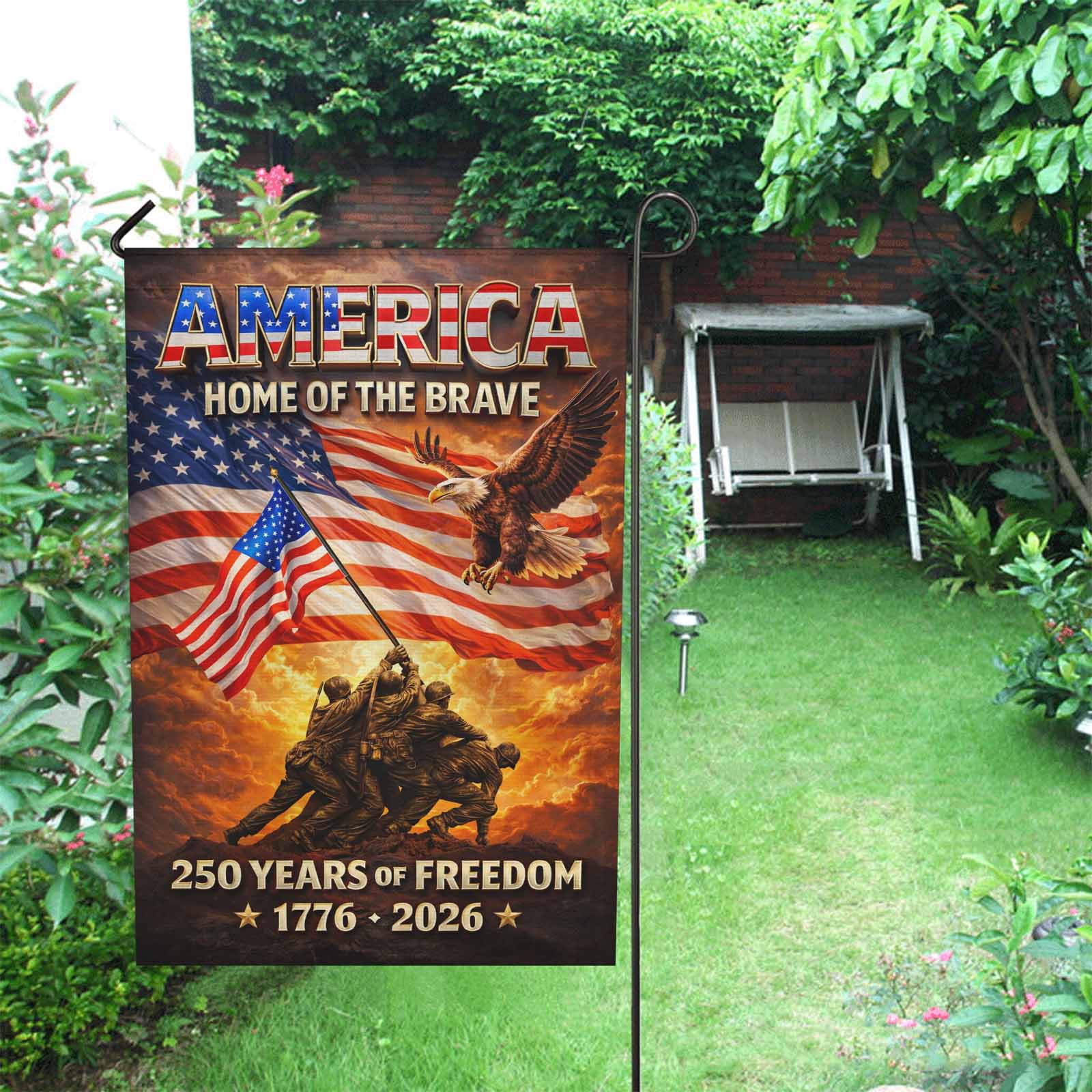 America 250 Home of the Brave Garden Flag – 1776–2026 Patriotic Military Tribute Yard Decor