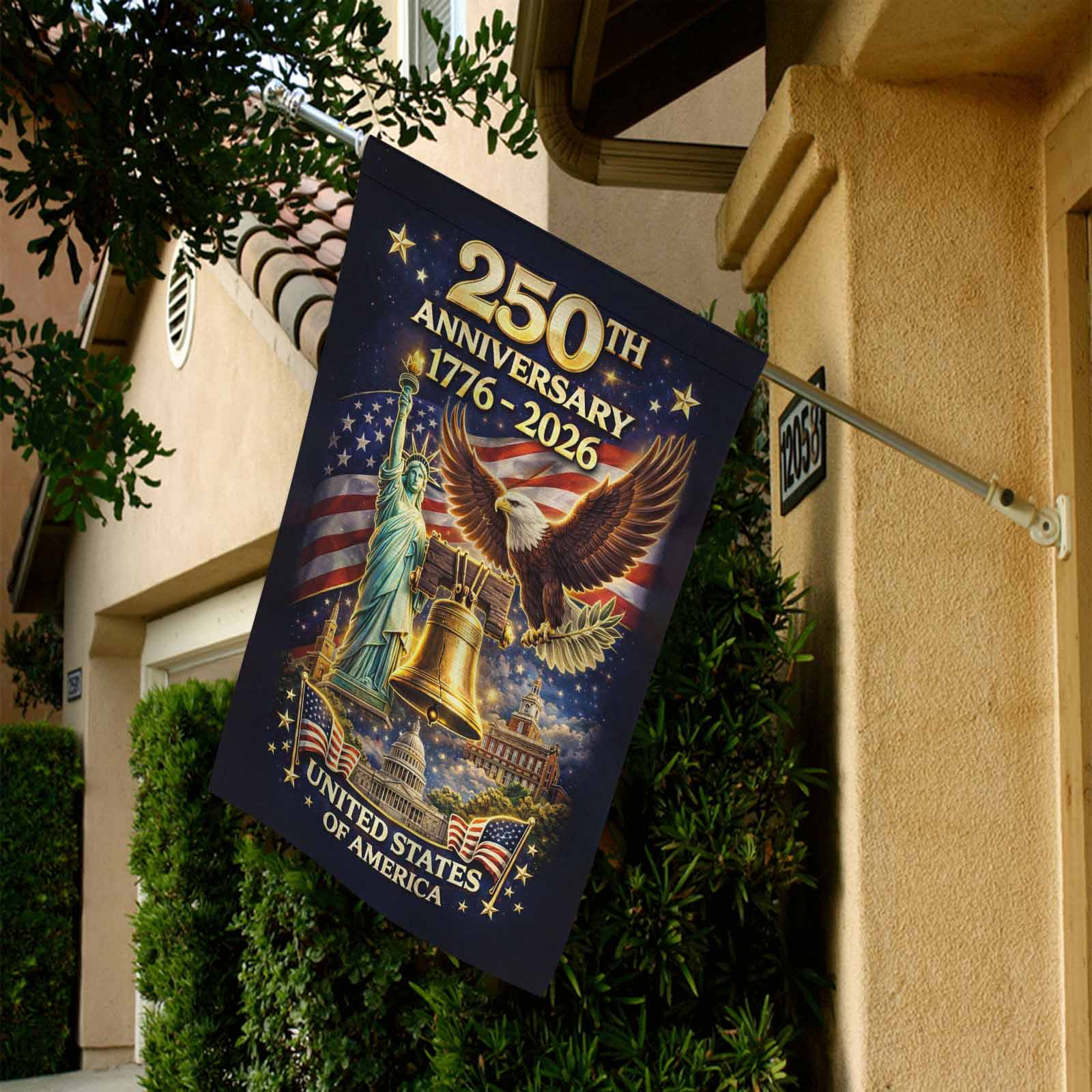 United States 250th Anniversary Garden Flag – Liberty Bell & Statue Design