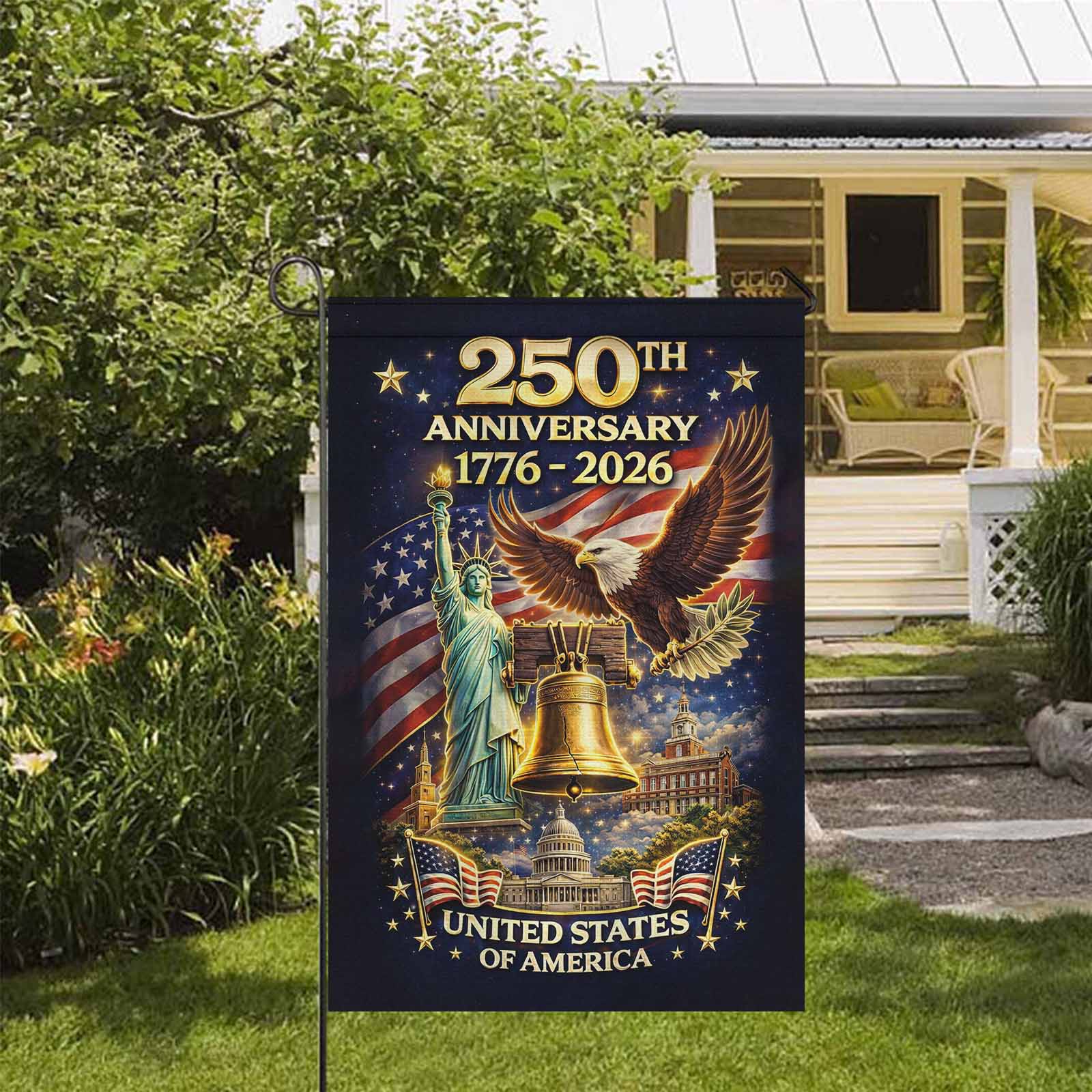 United States 250th Anniversary Garden Flag – Liberty Bell & Statue Design