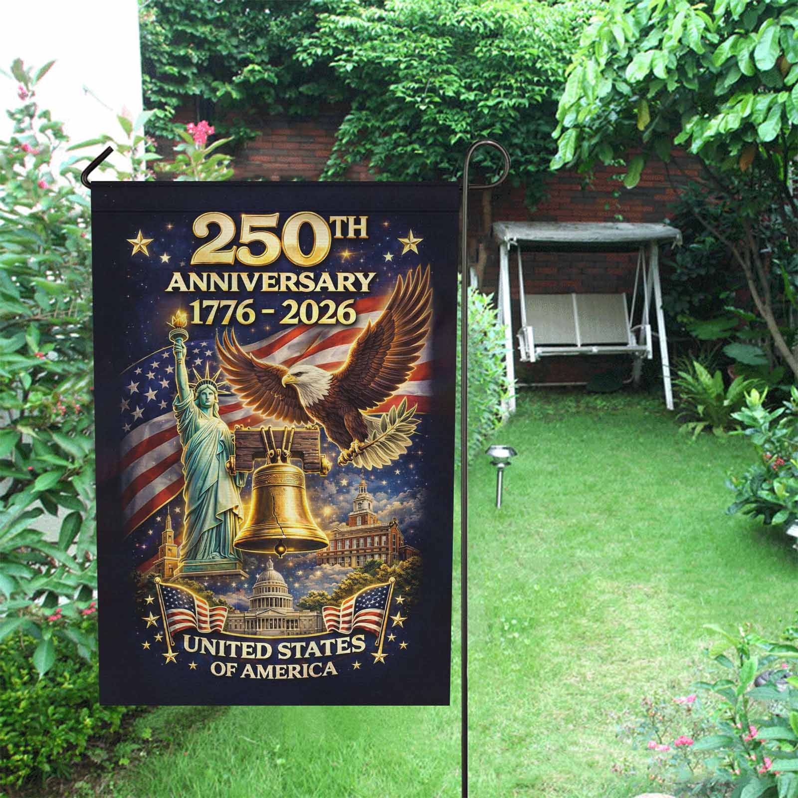 United States 250th Anniversary Garden Flag – Liberty Bell & Statue Design