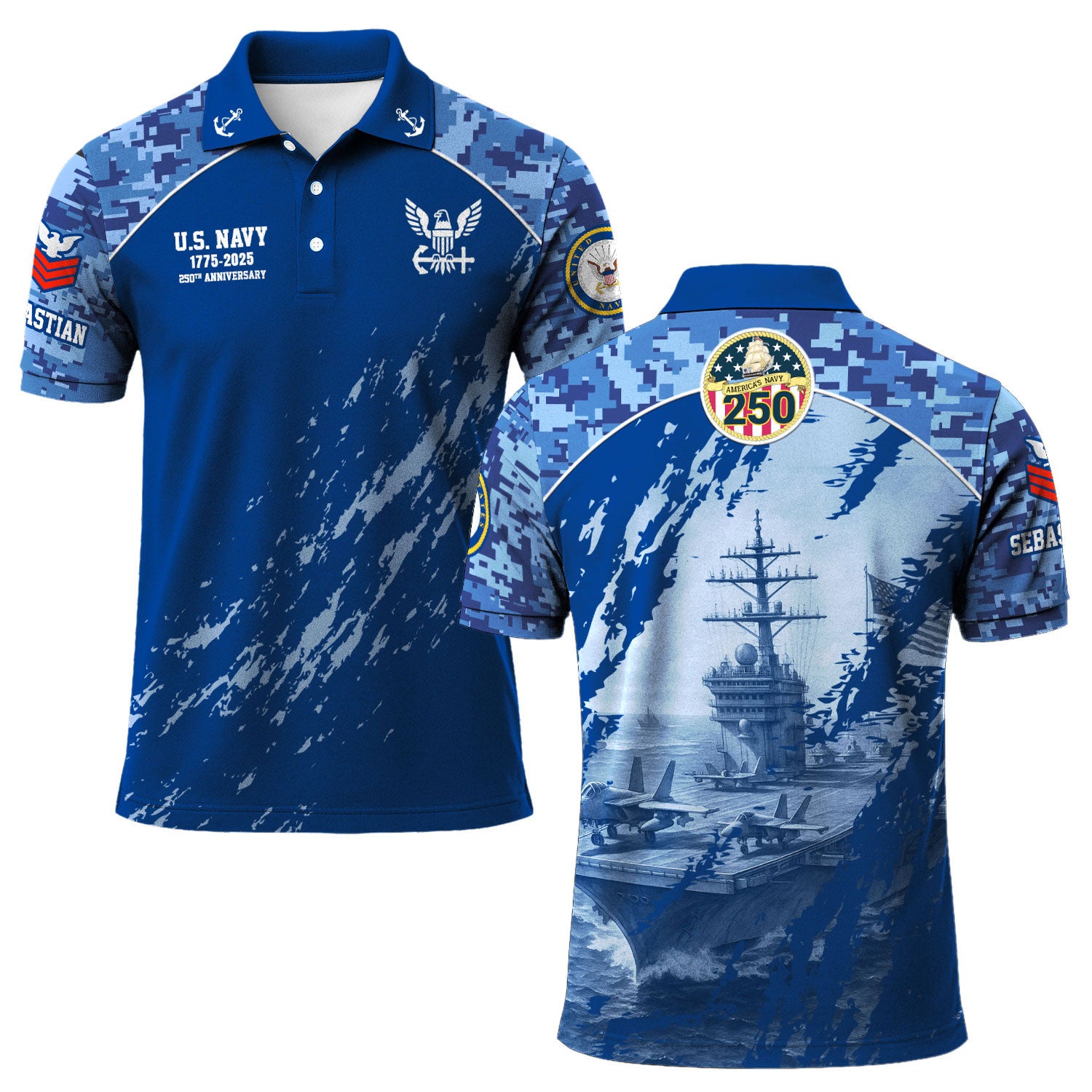 US Navy 250th Anniversary Polo Shirt – Digital Camo Design with Custom Rank