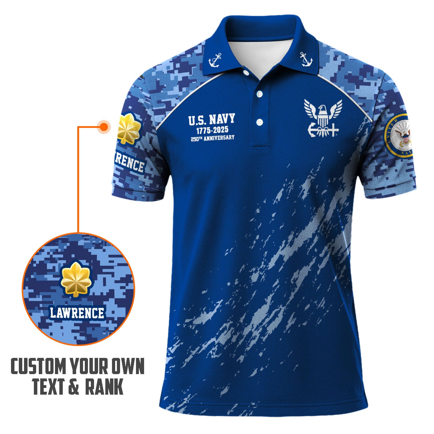US Navy 250th Anniversary Polo Shirt – Digital Camo Design with Custom Rank
