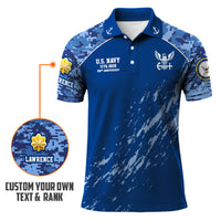 US Navy 250th Anniversary Polo Shirt – Digital Camo Design with Custom Rank