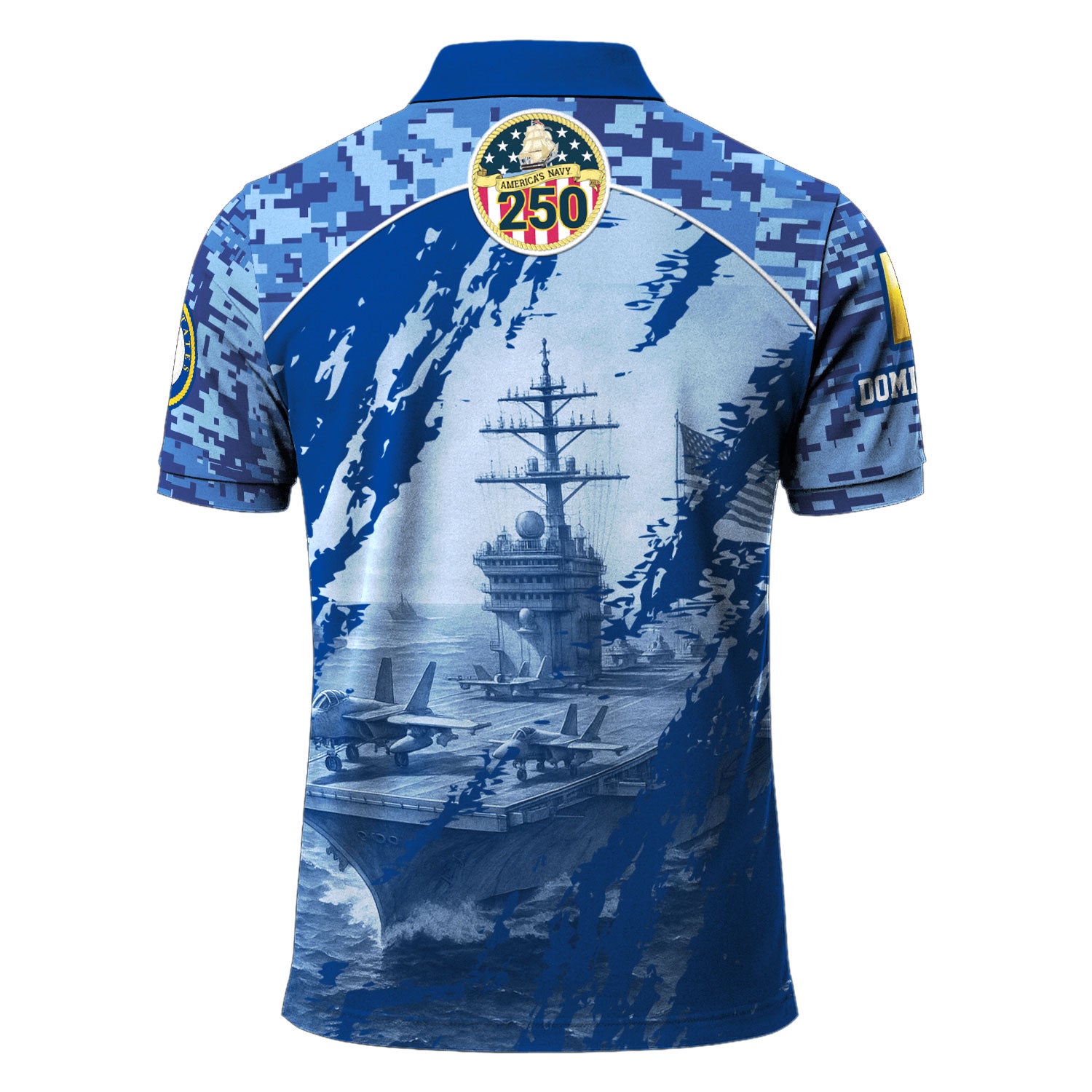 US Navy 250th Anniversary Polo Shirt – Digital Camo Design with Custom Rank