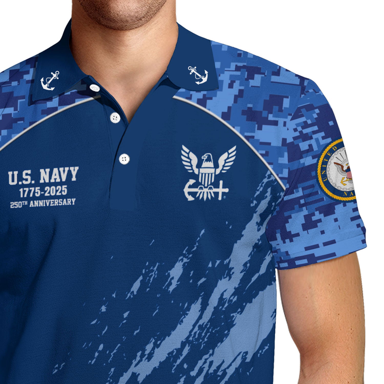 US Navy 250th Anniversary Polo Shirt – Digital Camo Design with Custom Rank