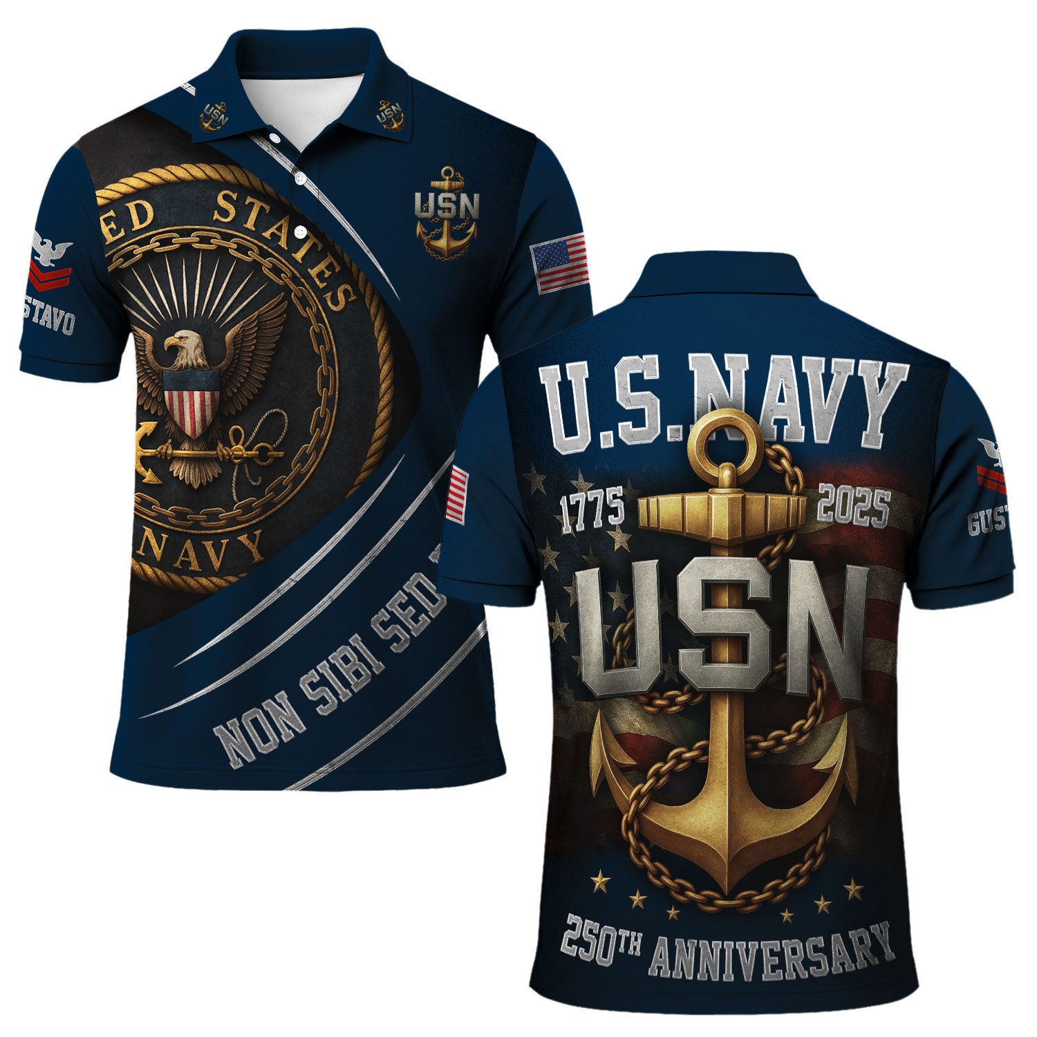 US Navy Polo Shirt – Eagle Seal & “Non Sibi Sed Patriae” Custom Rank