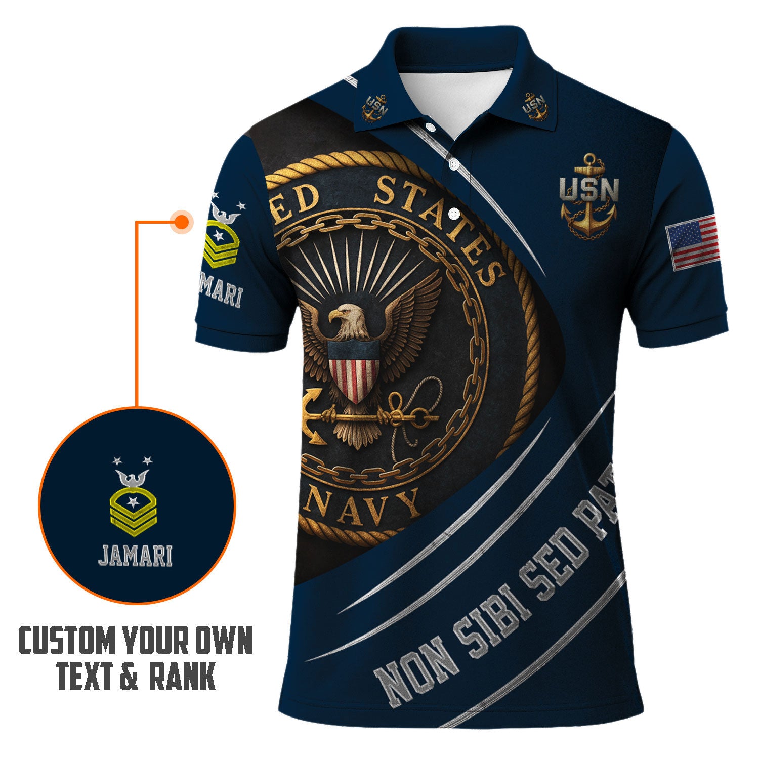 US Navy Polo Shirt – Eagle Seal & “Non Sibi Sed Patriae” Custom Rank