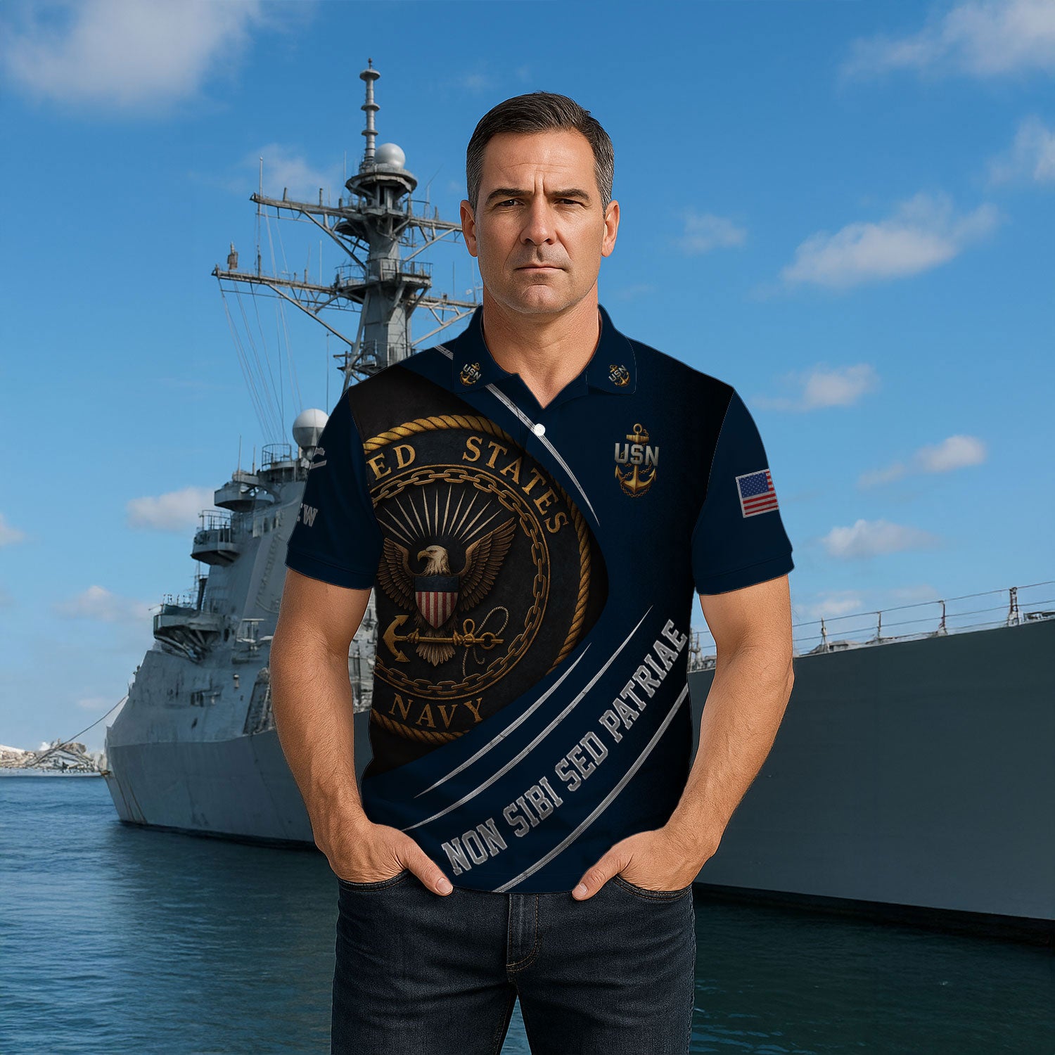 US Navy Polo Shirt – Eagle Seal & “Non Sibi Sed Patriae” Custom Rank