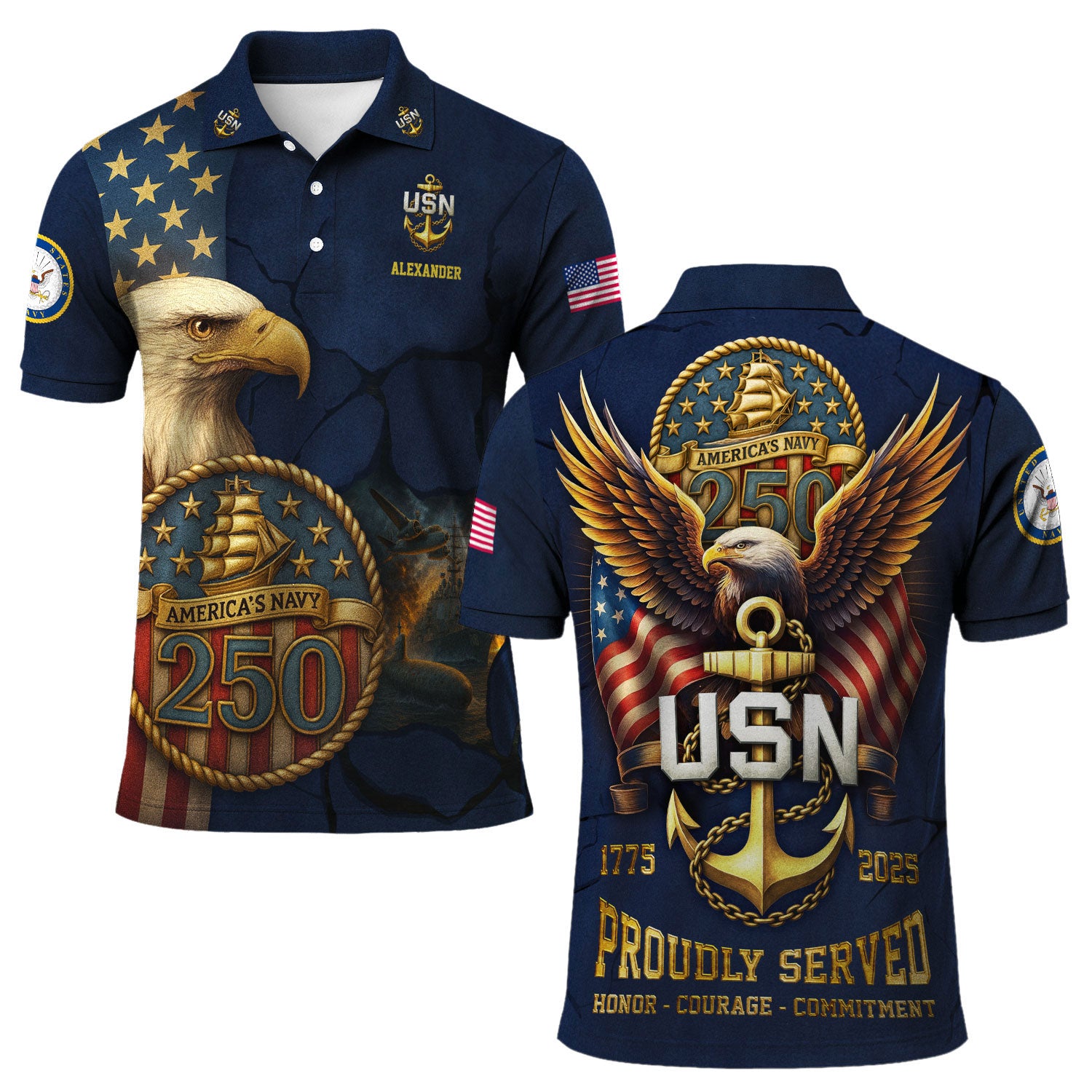 US Navy 250th Anniversary Polo Shirt – Eagle & Ship Crest Custom Tribute