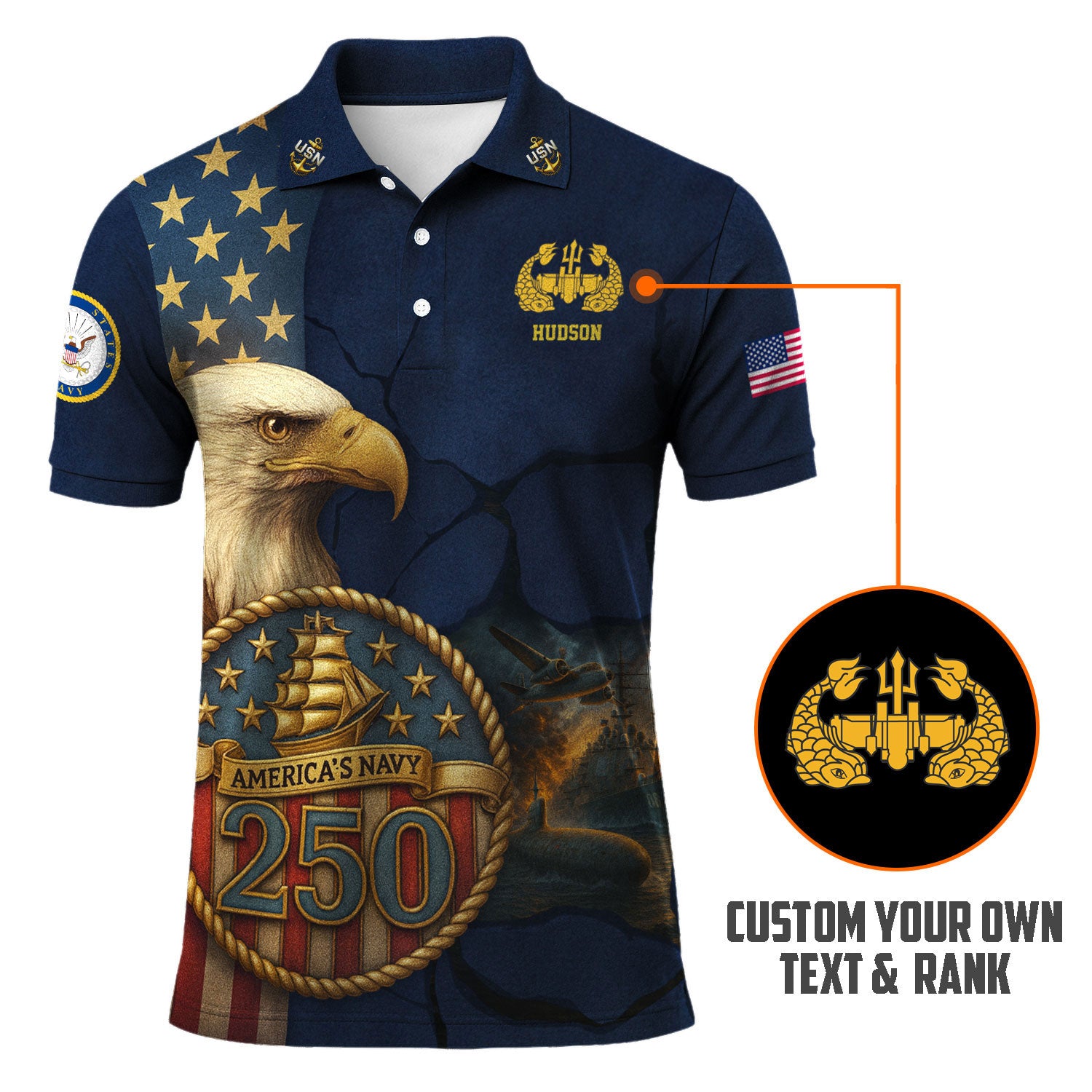 US Navy 250th Anniversary Polo Shirt – Eagle & Ship Crest Custom Tribute