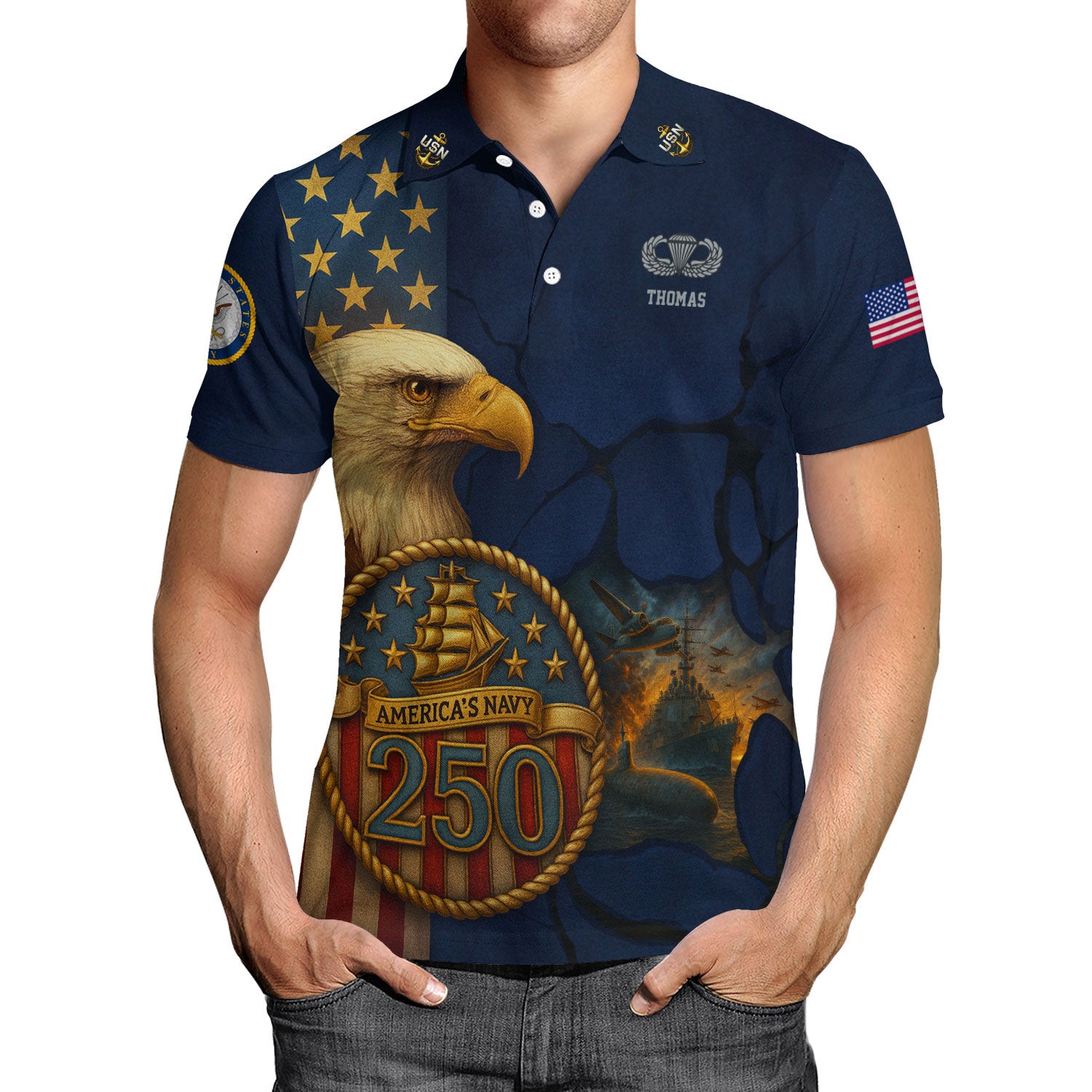 US Navy 250th Anniversary Polo Shirt – Eagle & Ship Crest Custom Tribute