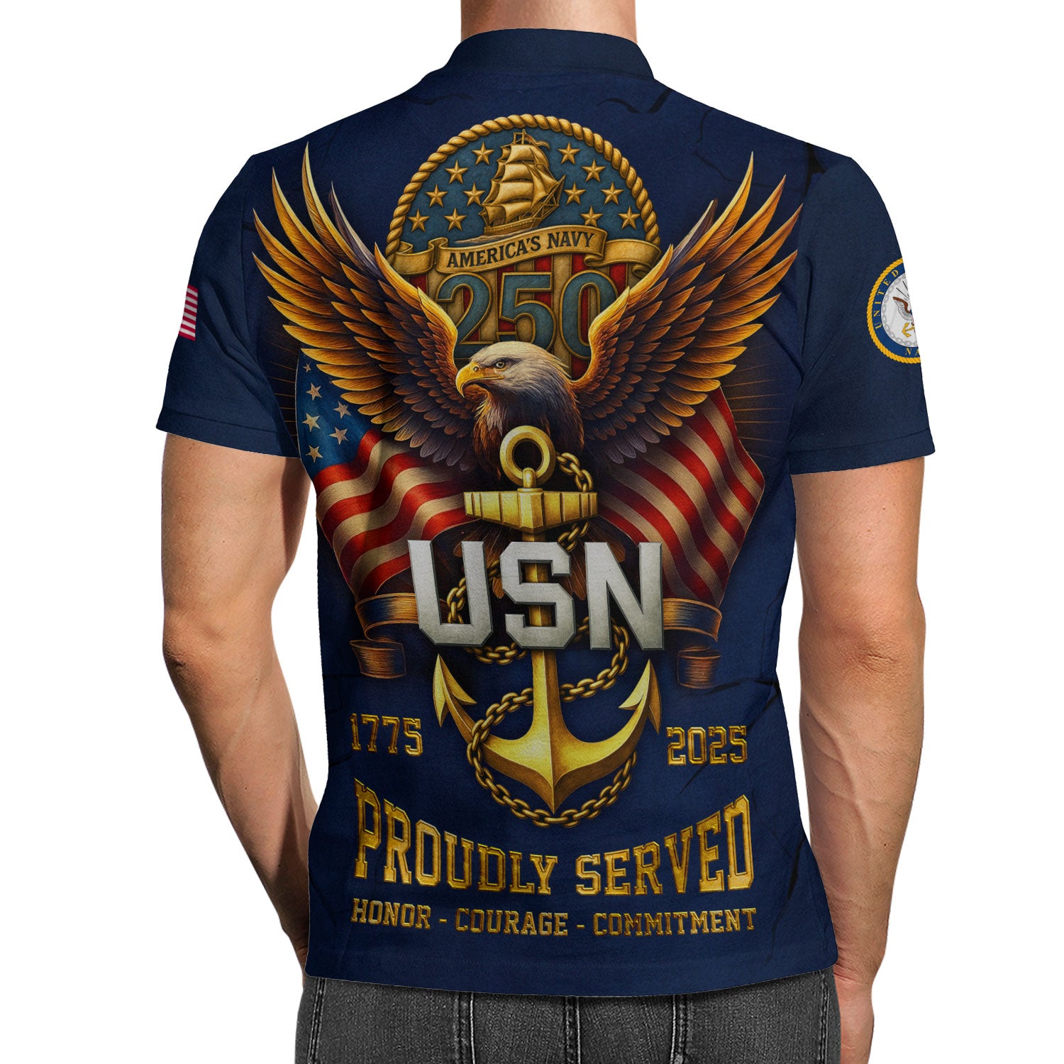 US Navy 250th Anniversary Polo Shirt – Eagle & Ship Crest Custom Tribute