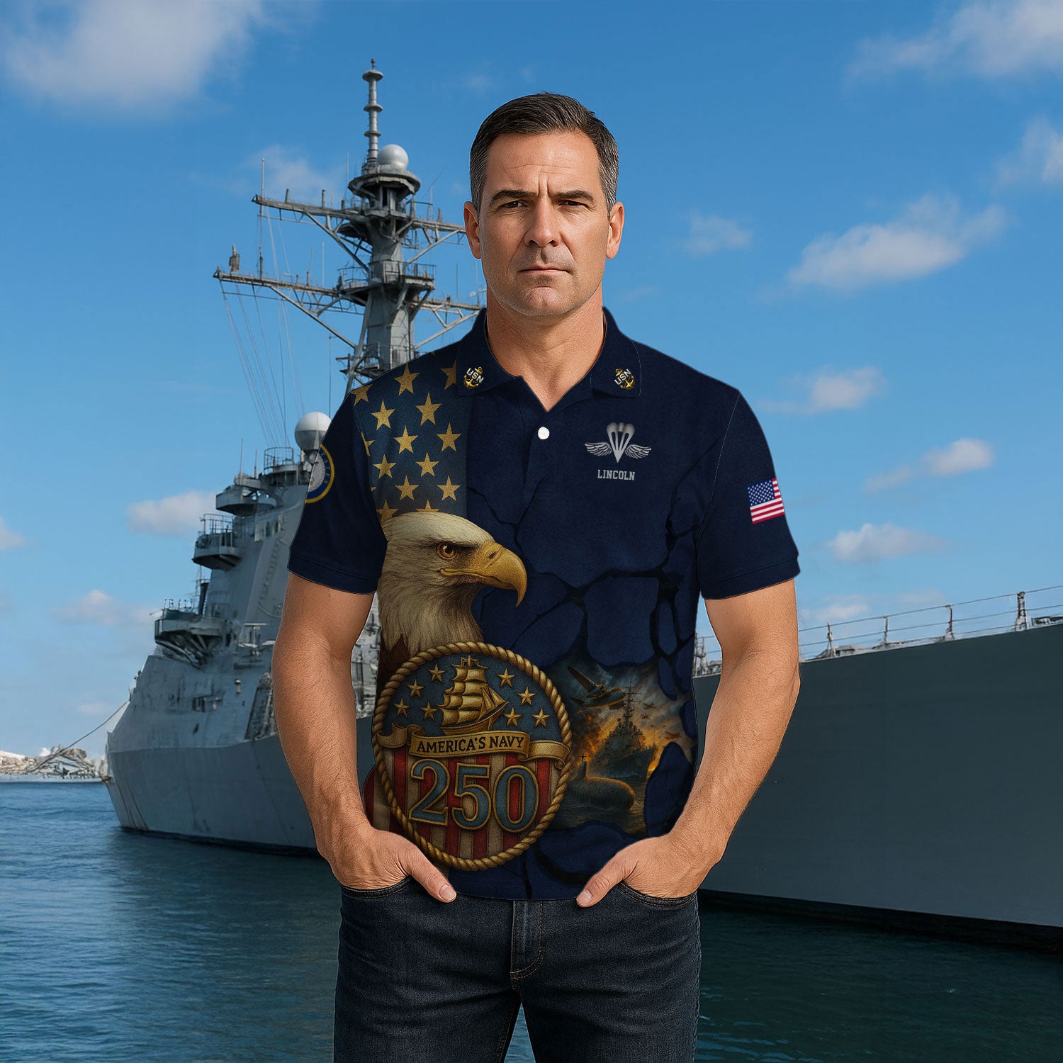 US Navy 250th Anniversary Polo Shirt – Eagle & Ship Crest Custom Tribute