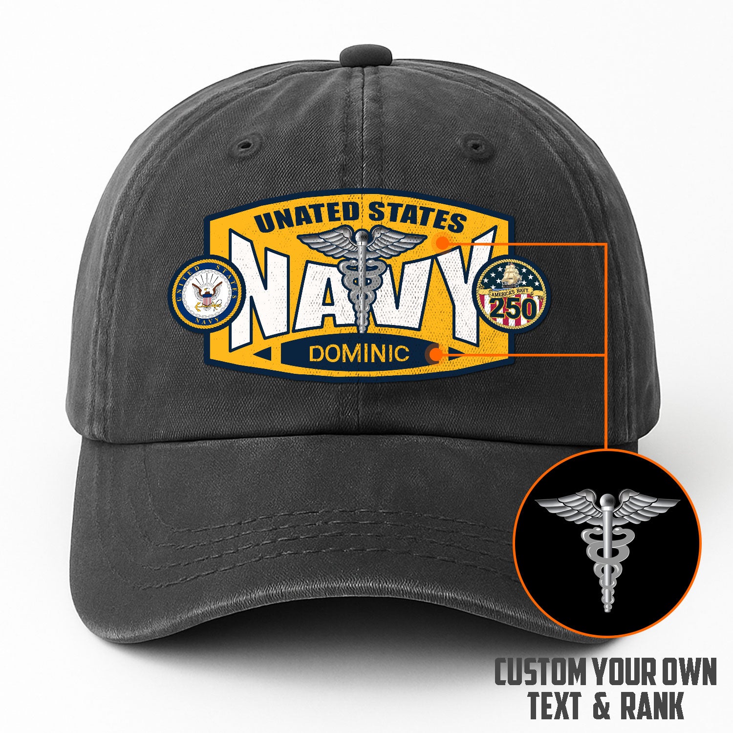 Custom Ranks & Text Premium Washed Denim Cap DC006
