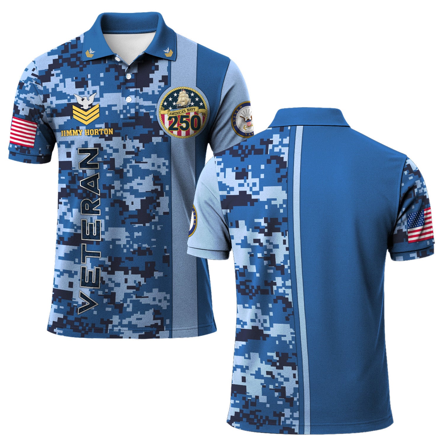 Custom Rank & Text Polo Shirt – Digital Camo Veteran Edition with 250th Anniversary