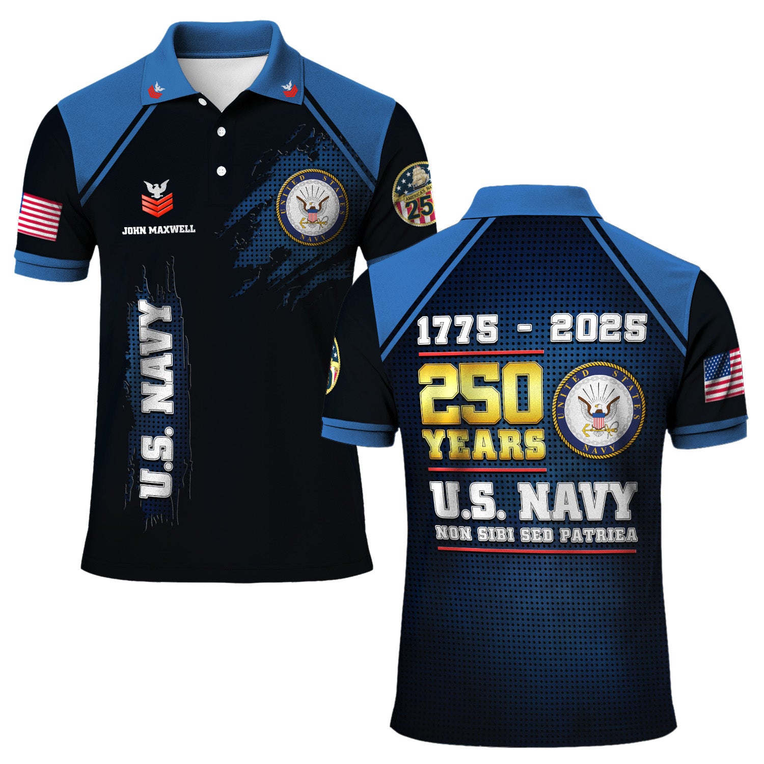 US Navy 250th Anniversary Polo Shirt – Custom Rank & Text Veteran Edition