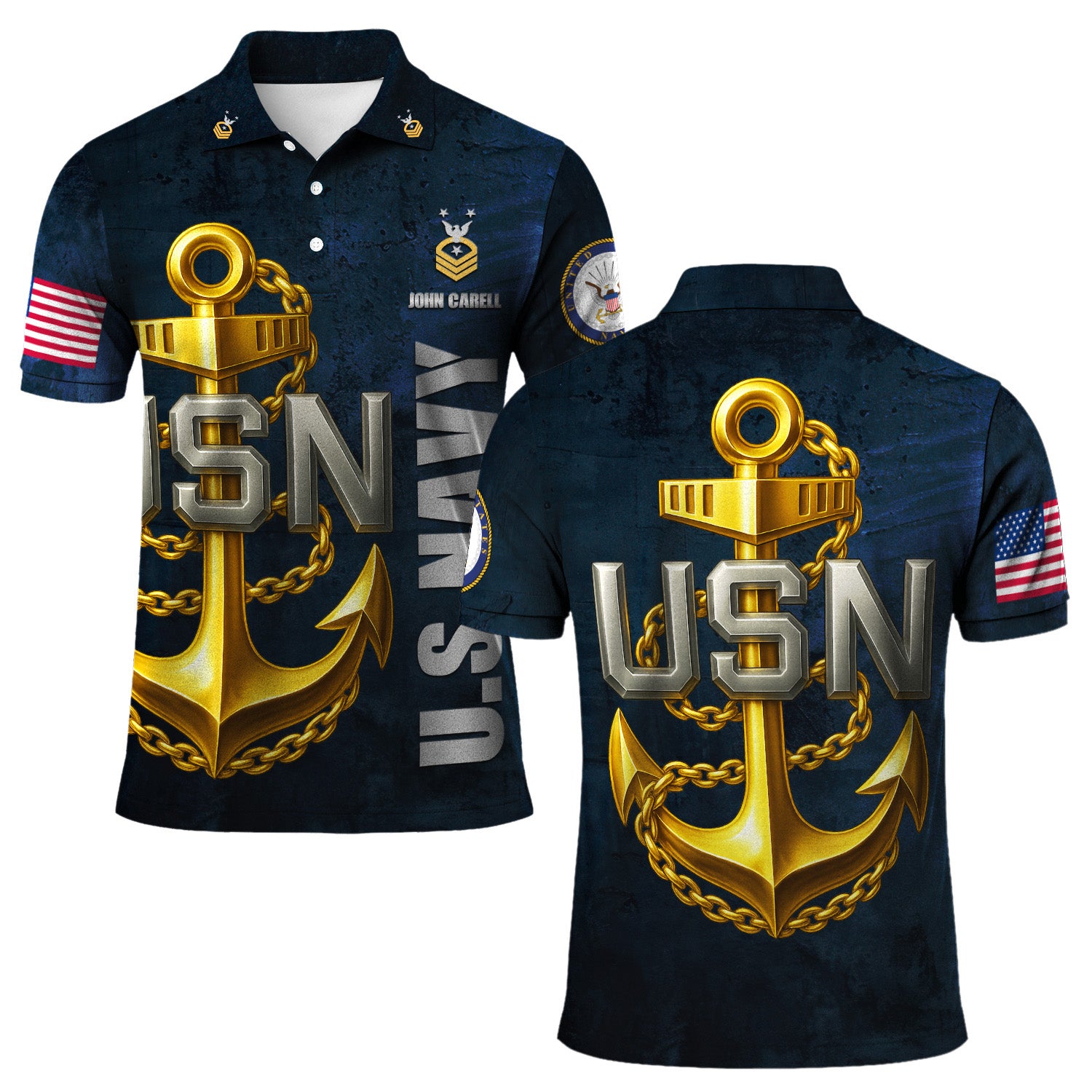 US Navy Polo Shirt – Bold Anchor Design with Custom Rank, Text & Years
