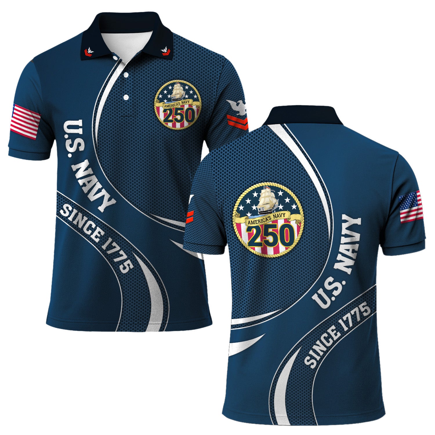 Navy Veteran Polo Shirt – 250 Years of Service, Personalized Rank