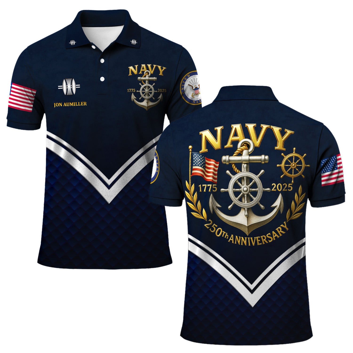 US Navy 250th Anniversary Polo Shirt – Anchor Crest Design with Custom Rank