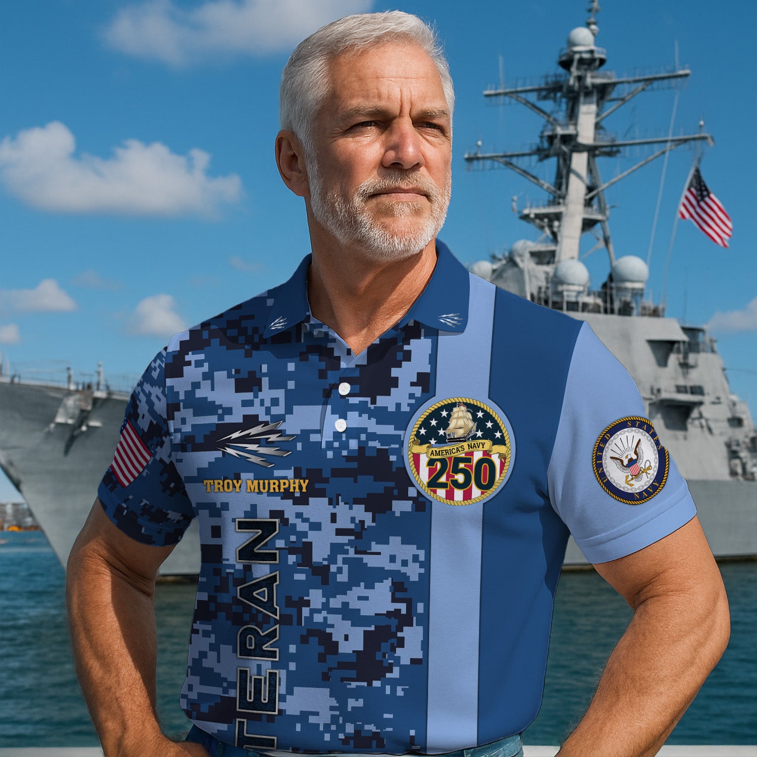 Custom Rank & Text Polo Shirt – Digital Camo Veteran Edition with 250th Anniversary