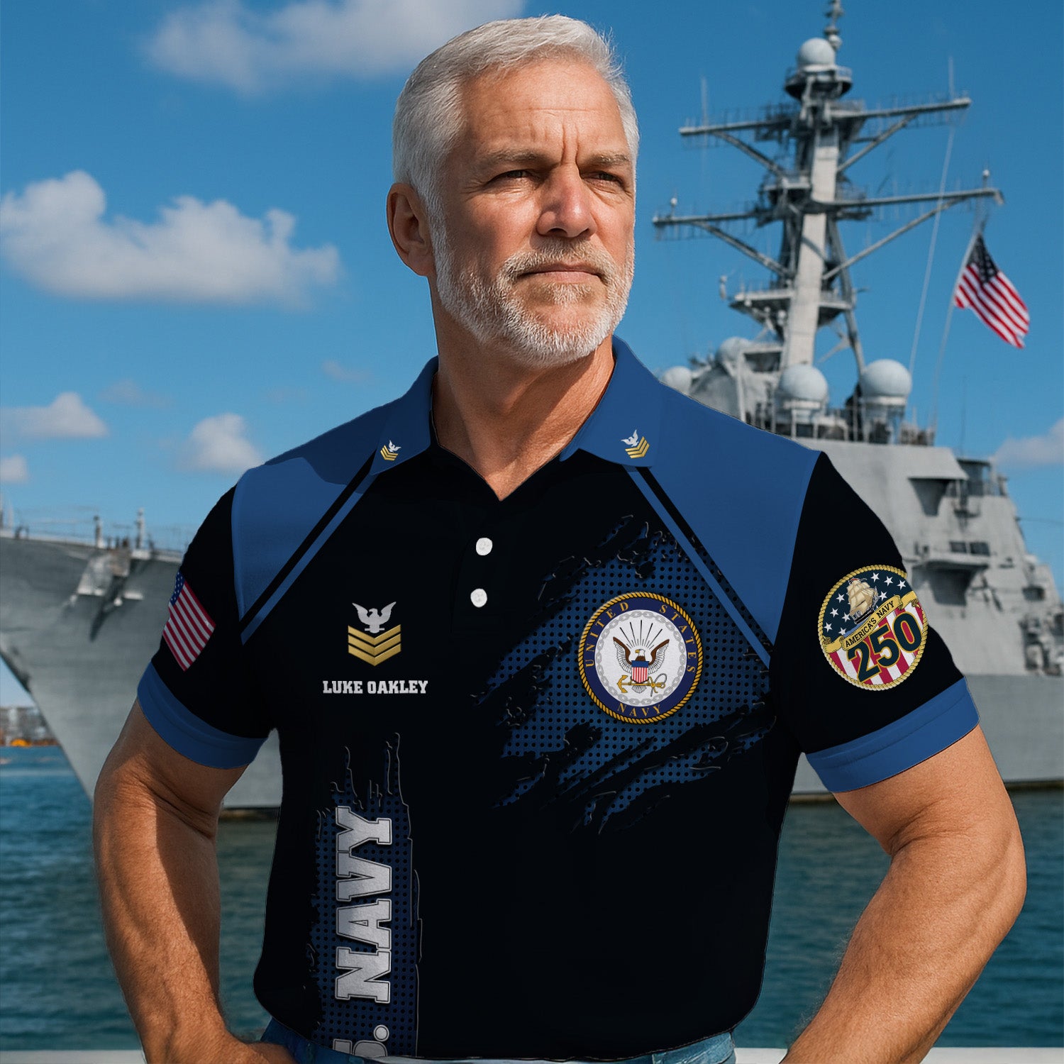 US Navy 250th Anniversary Polo Shirt – Custom Rank & Text Veteran Edition