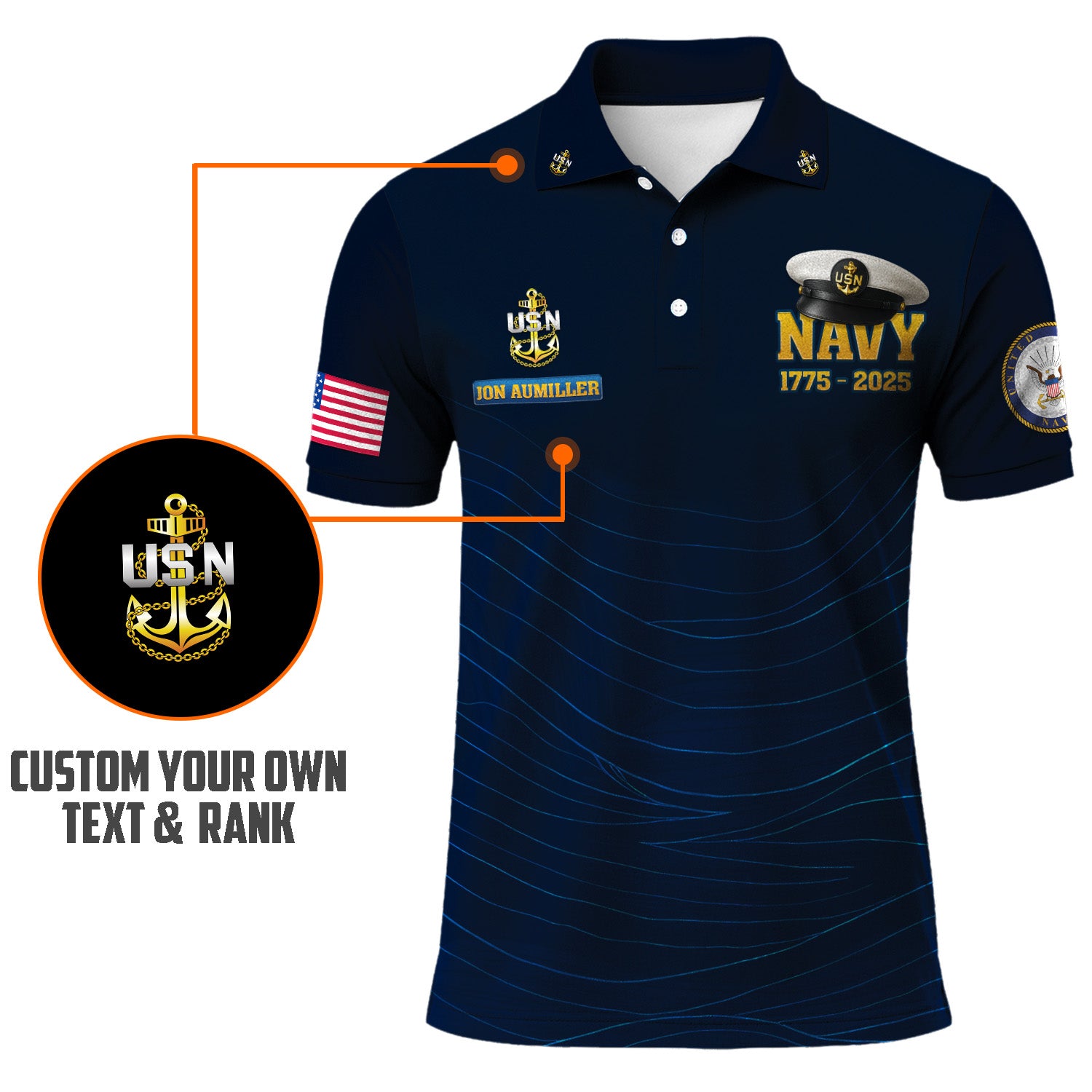 US Navy 250th Anniversary Polo Shirt – Sailor Cap Design with Custom Rank