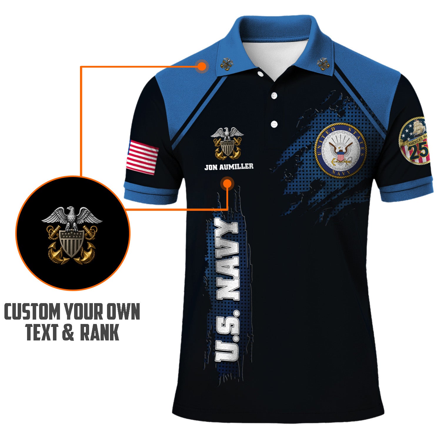 US Navy 250th Anniversary Polo Shirt – Custom Rank & Text Veteran Edition