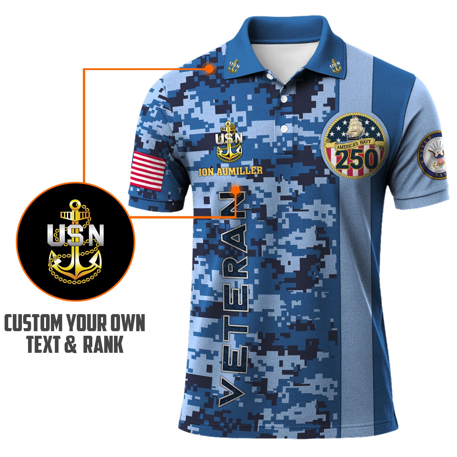 Custom Rank & Text Polo Shirt – Digital Camo Veteran Edition with 250th Anniversary