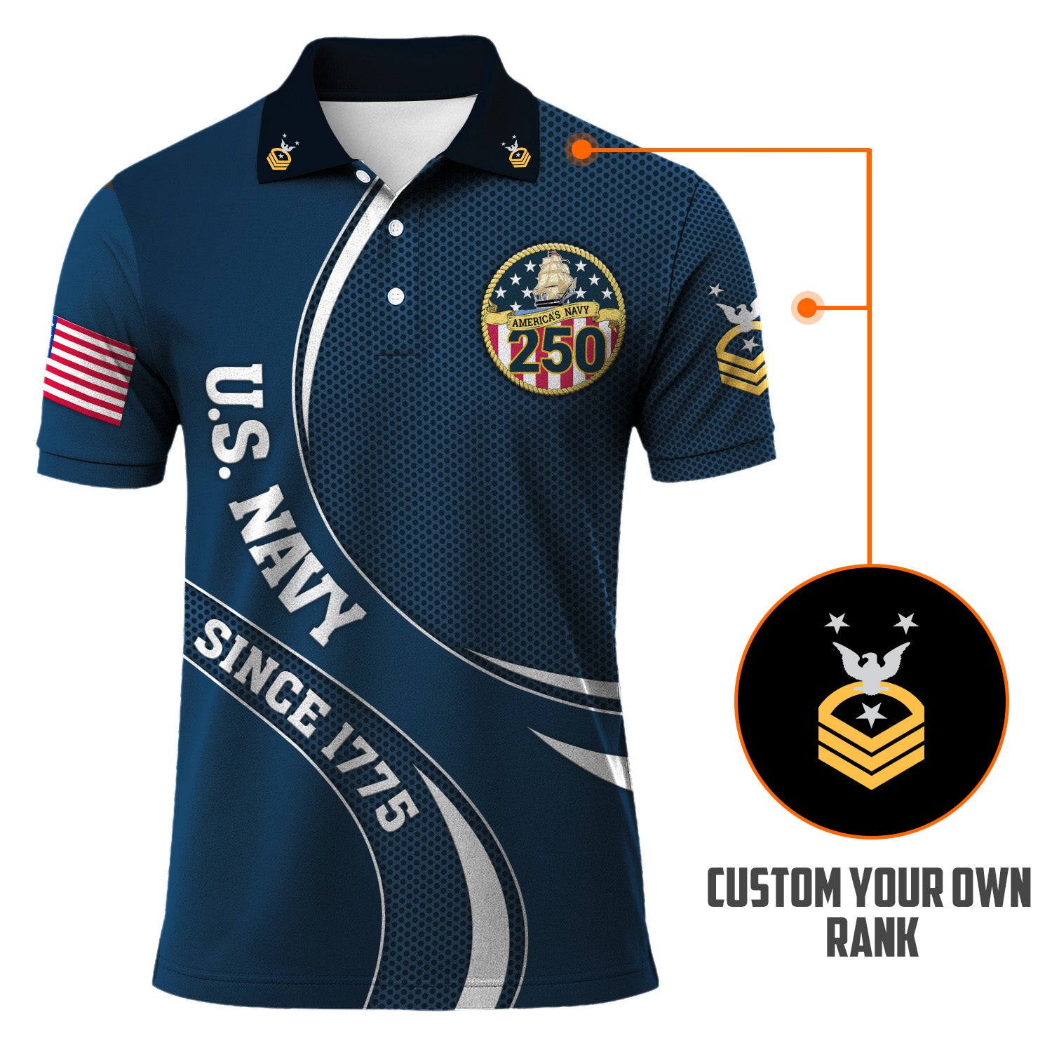 Navy Veteran Polo Shirt – 250 Years of Service, Personalized Rank