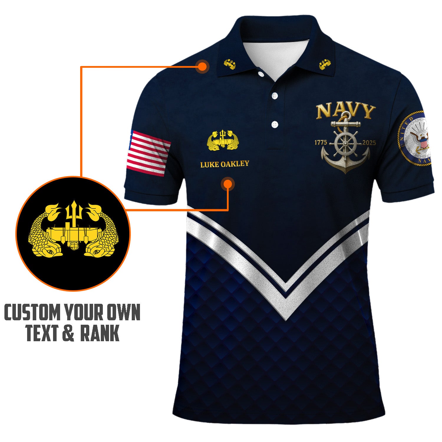 US Navy 250th Anniversary Polo Shirt – Anchor Crest Design with Custom Rank