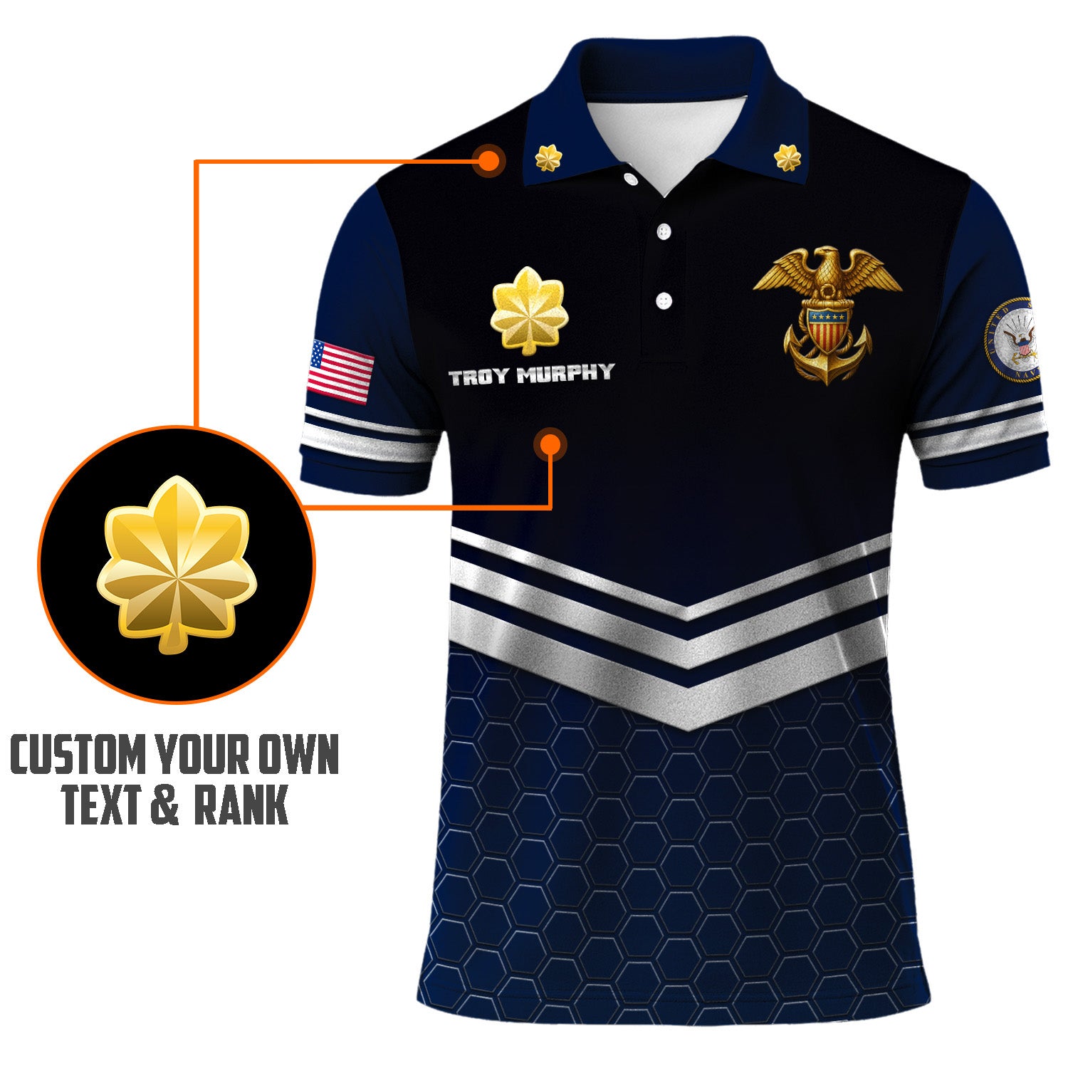 US Navy Polo Shirt – Chevron Stripes & Hex Pattern Custom Rank Edition