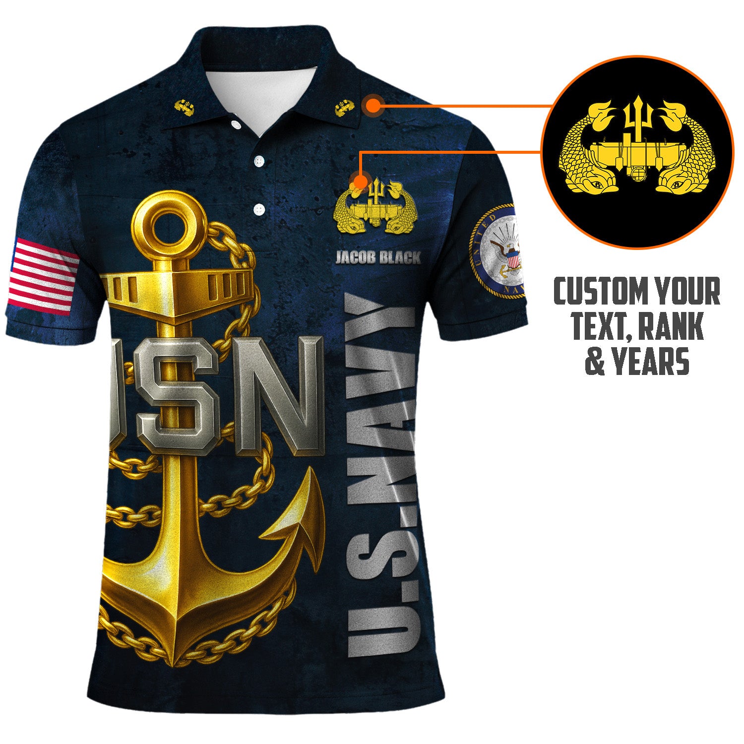 US Navy Polo Shirt – Bold Anchor Design with Custom Rank, Text & Years
