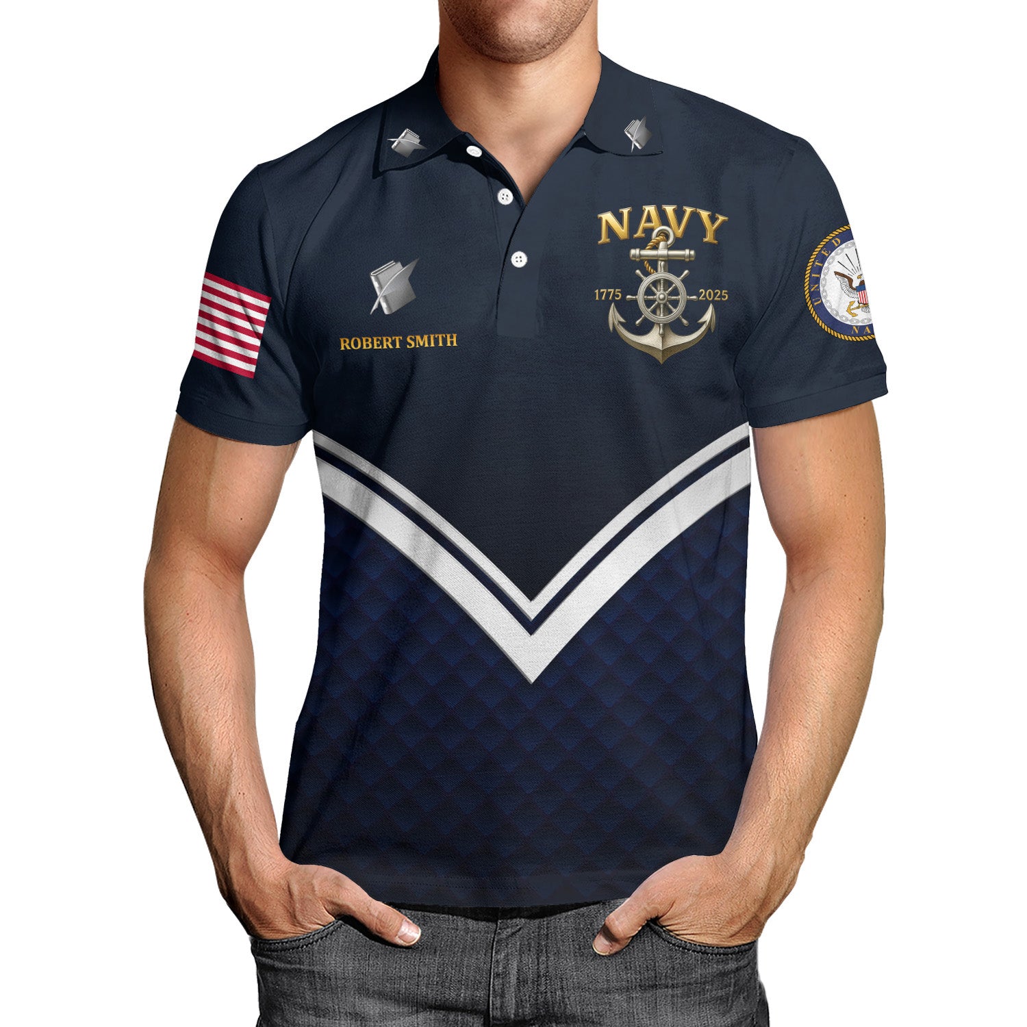 US Navy 250th Anniversary Polo Shirt – Anchor Crest Design with Custom Rank