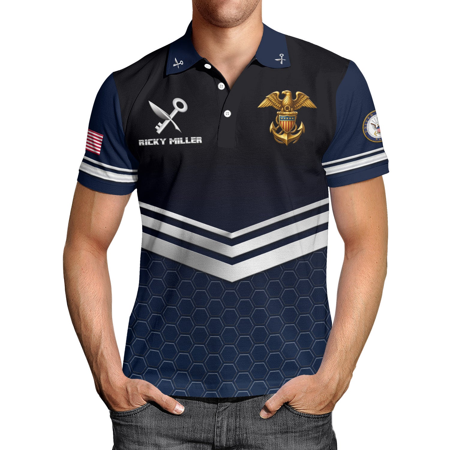 US Navy Polo Shirt – Chevron Stripes & Hex Pattern Custom Rank Edition