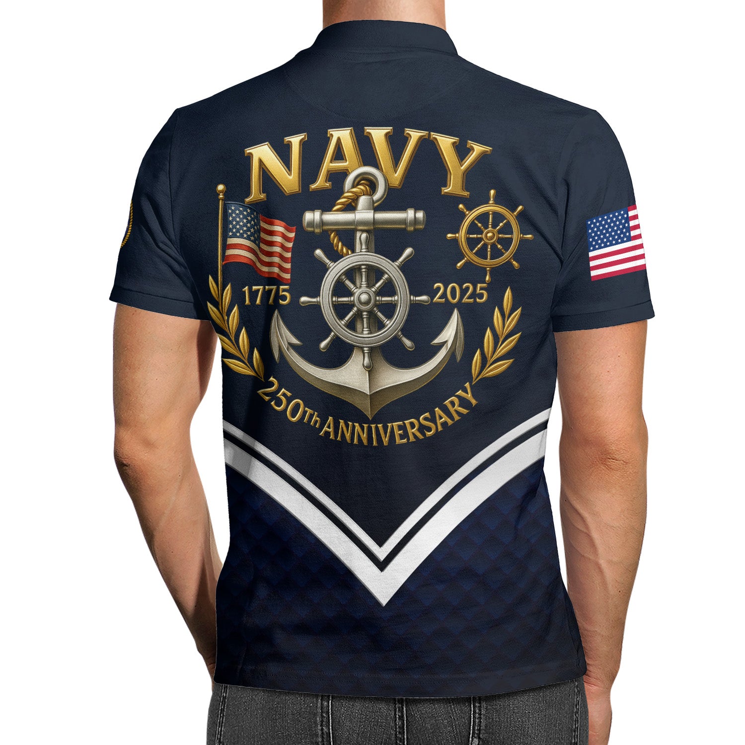 US Navy 250th Anniversary Polo Shirt – Anchor Crest Design with Custom Rank
