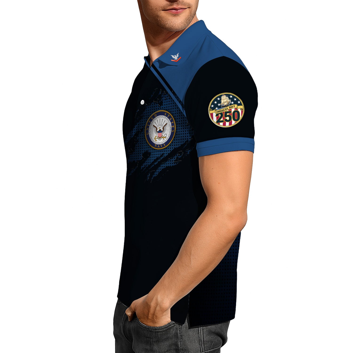 US Navy 250th Anniversary Polo Shirt – Custom Rank & Text Veteran Edition
