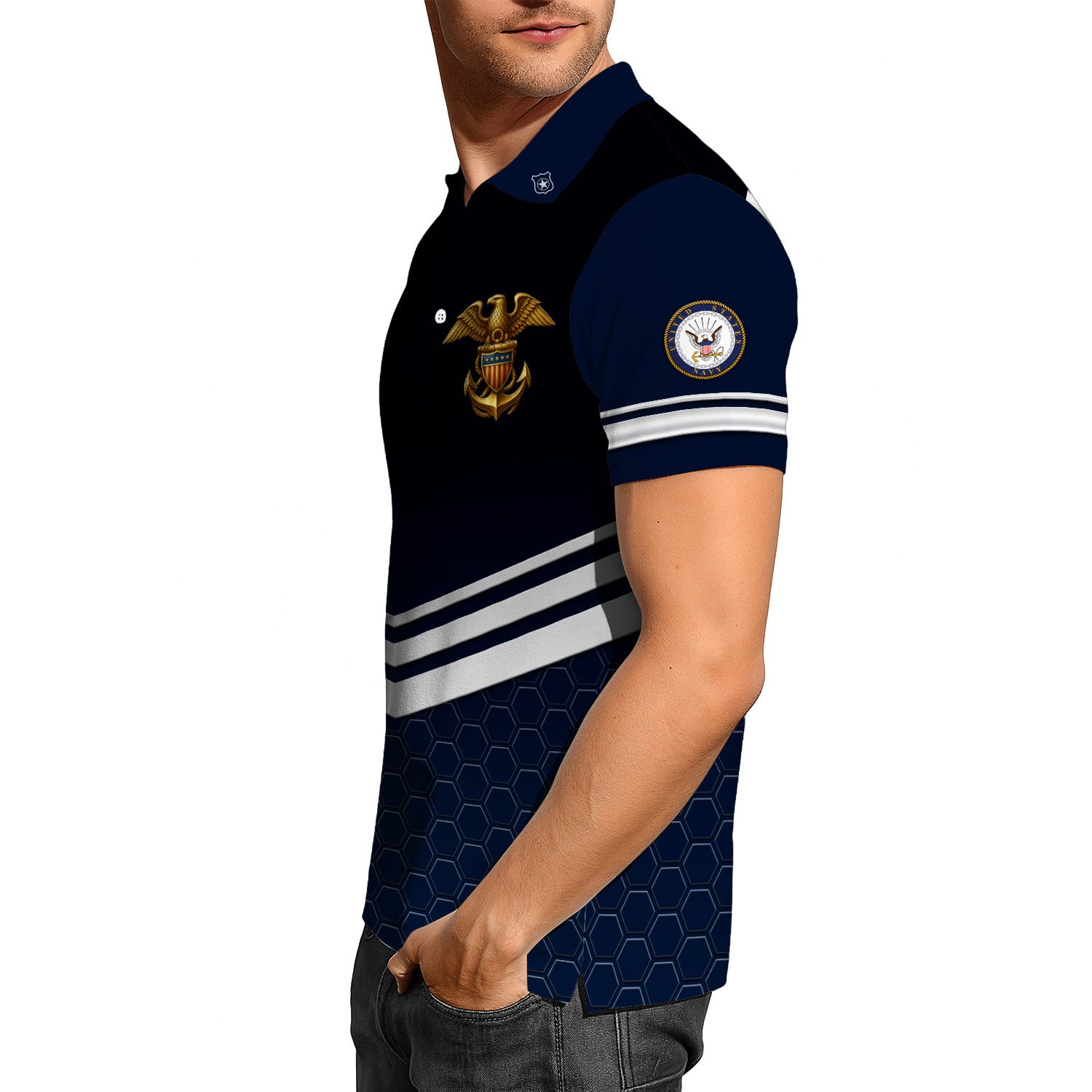 US Navy Polo Shirt – Chevron Stripes & Hex Pattern Custom Rank Edition