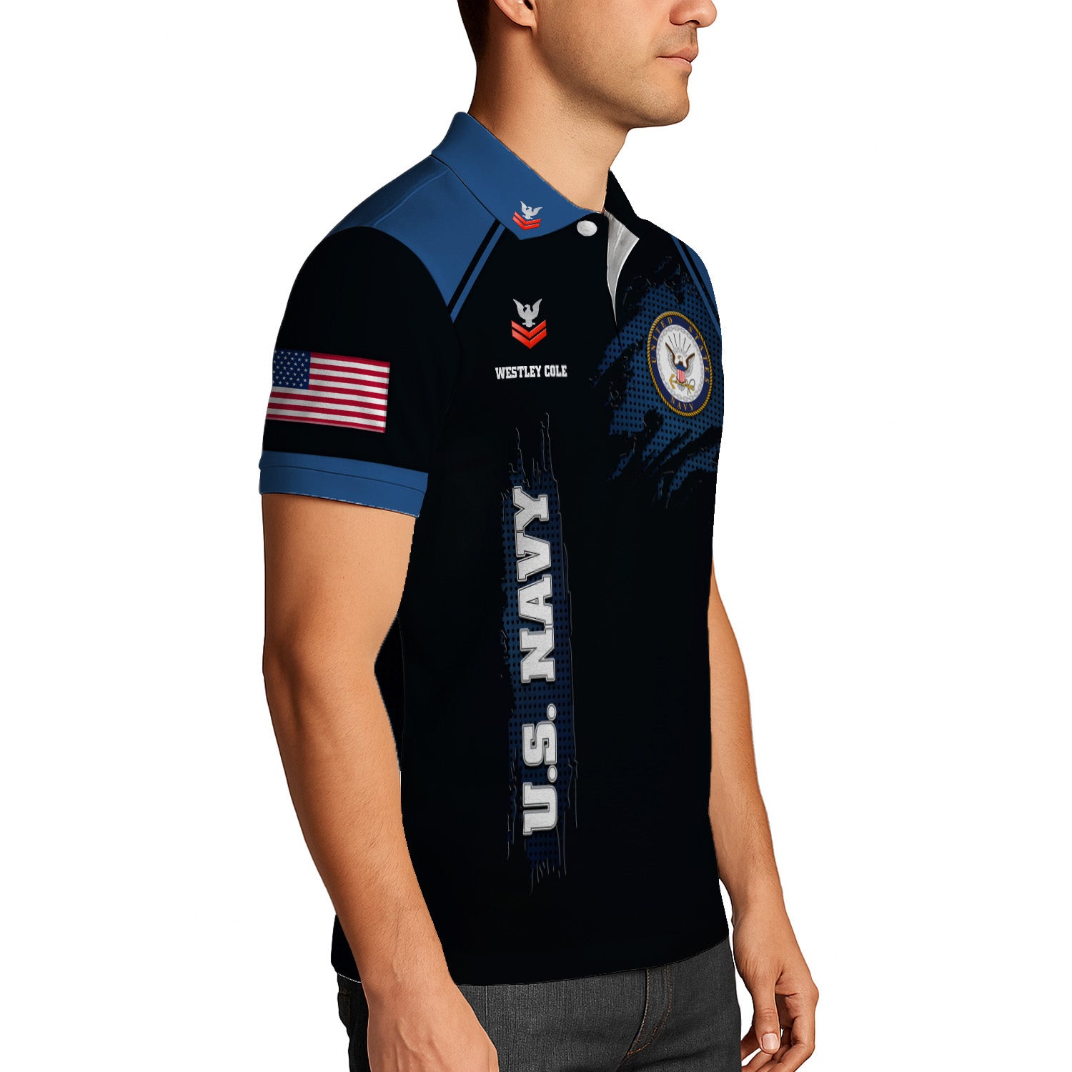 US Navy 250th Anniversary Polo Shirt – Custom Rank & Text Veteran Edition