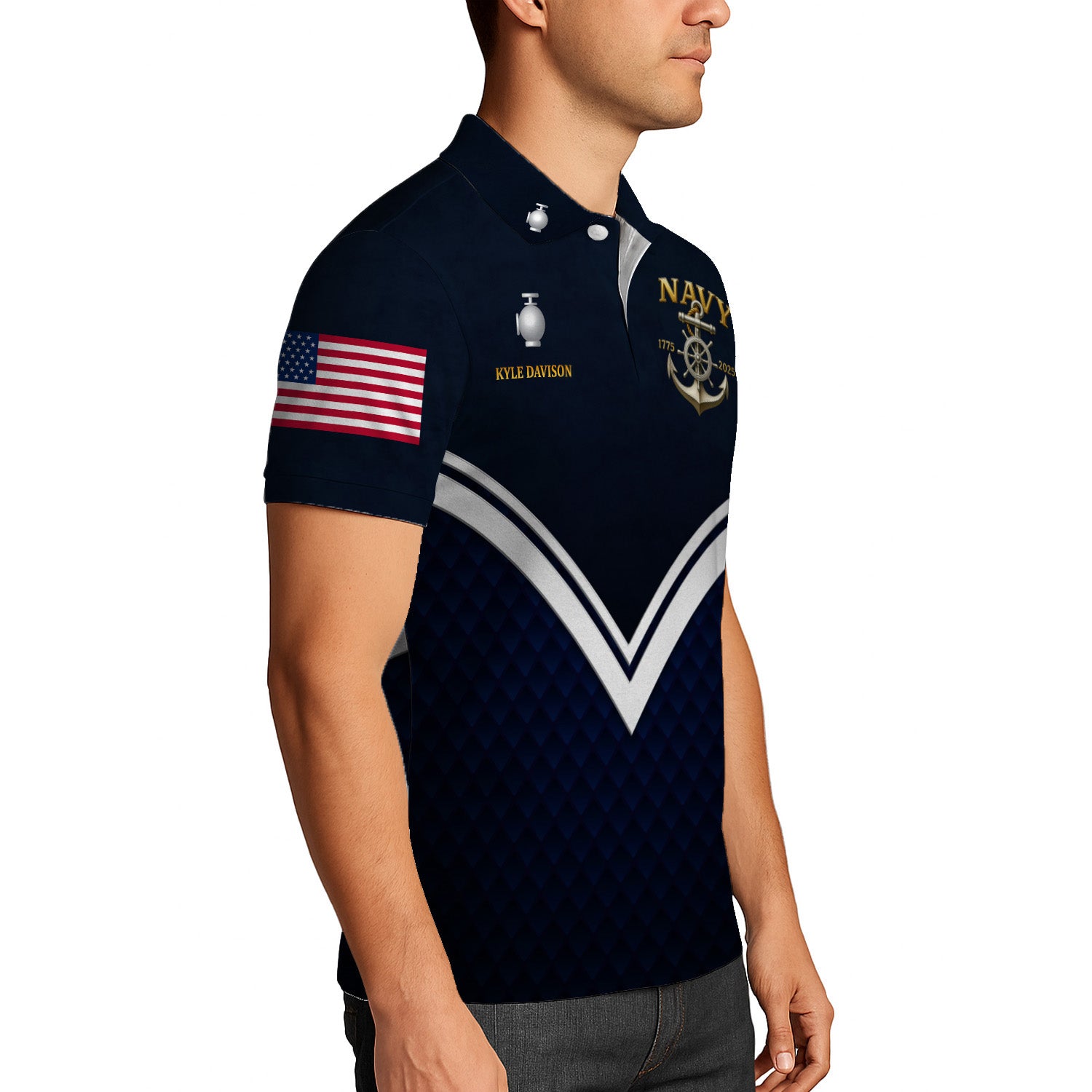 US Navy 250th Anniversary Polo Shirt – Anchor Crest Design with Custom Rank