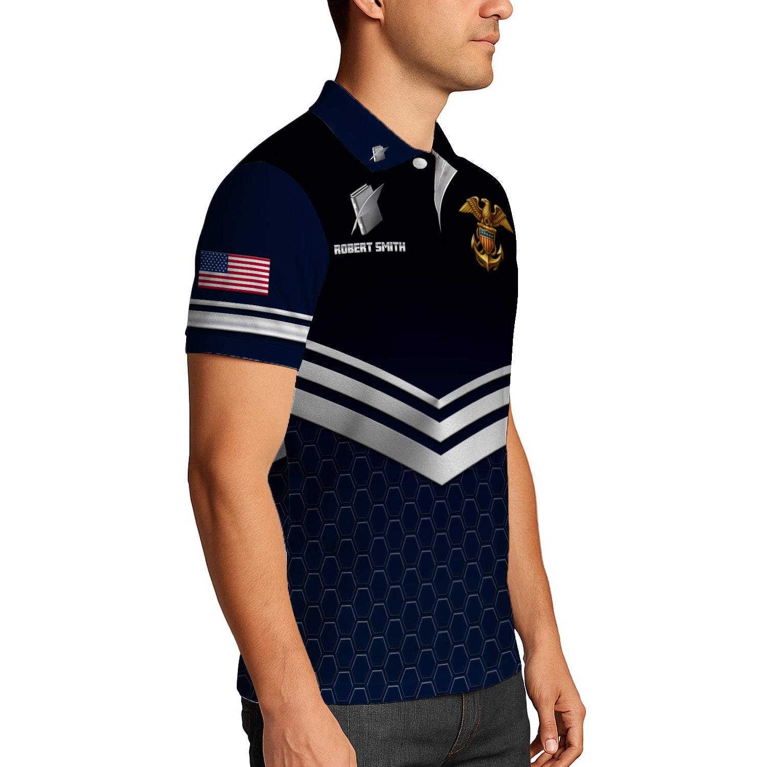 US Navy Polo Shirt – Chevron Stripes & Hex Pattern Custom Rank Edition