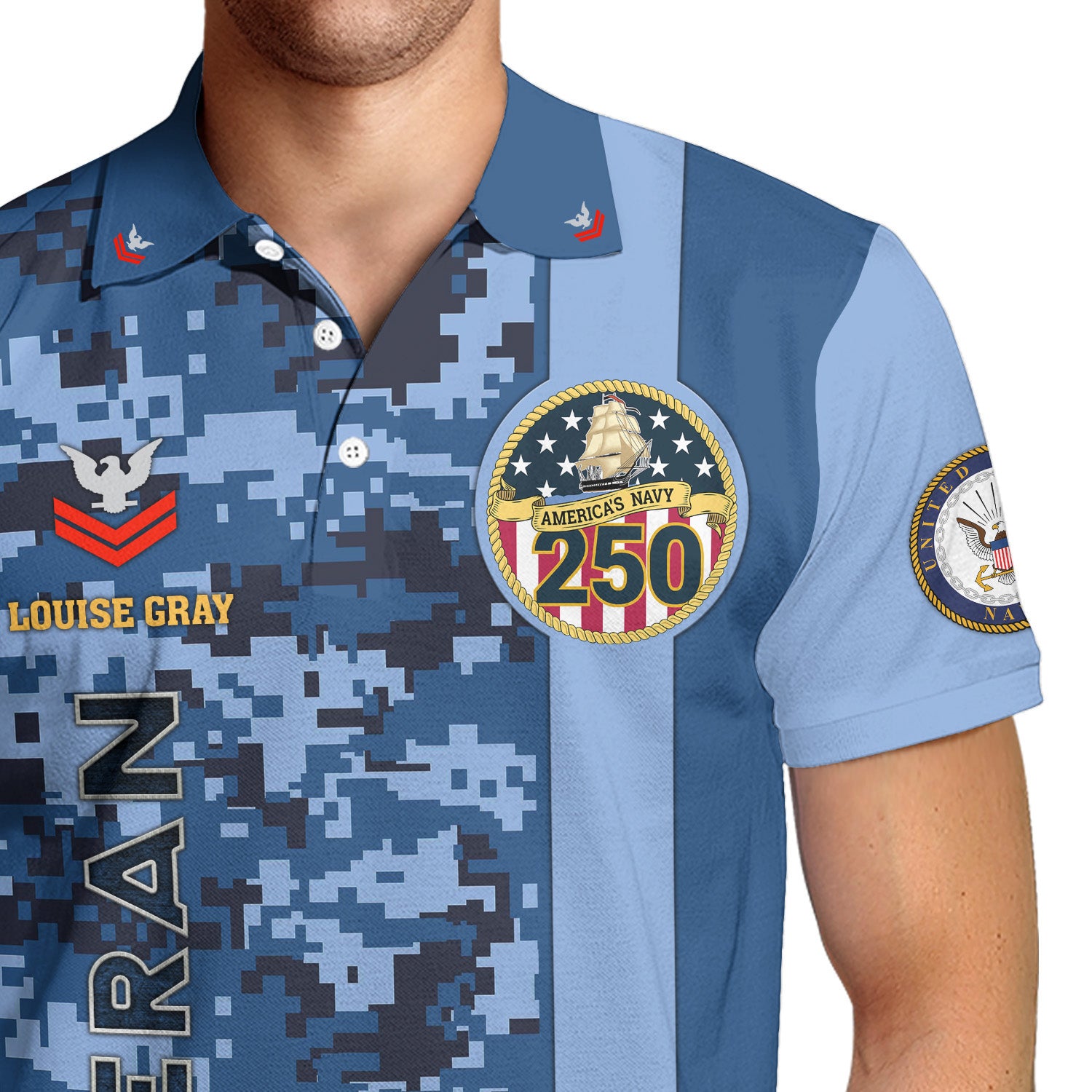 Custom Rank & Text Polo Shirt – Digital Camo Veteran Edition with 250th Anniversary