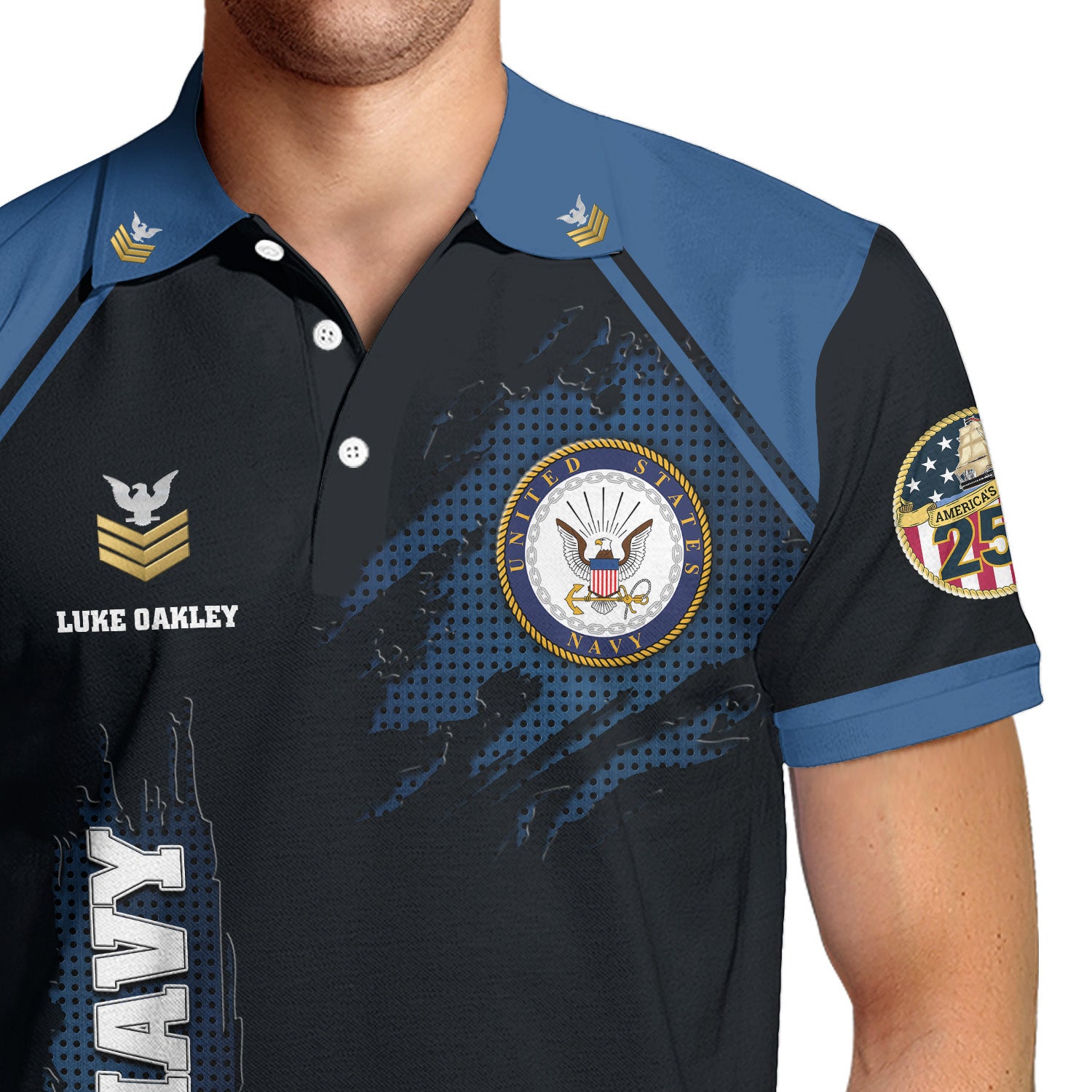 US Navy 250th Anniversary Polo Shirt – Custom Rank & Text Veteran Edition