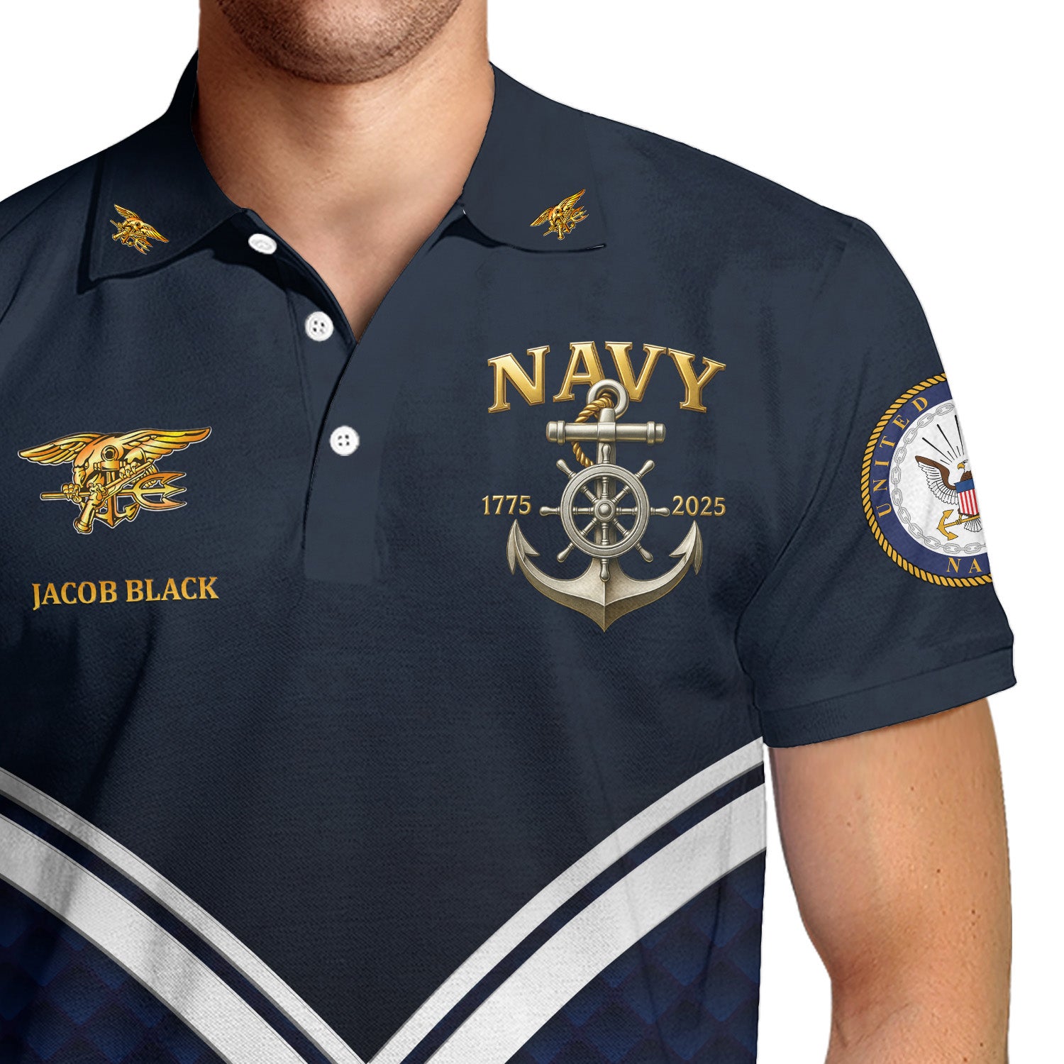 US Navy 250th Anniversary Polo Shirt – Anchor Crest Design with Custom Rank