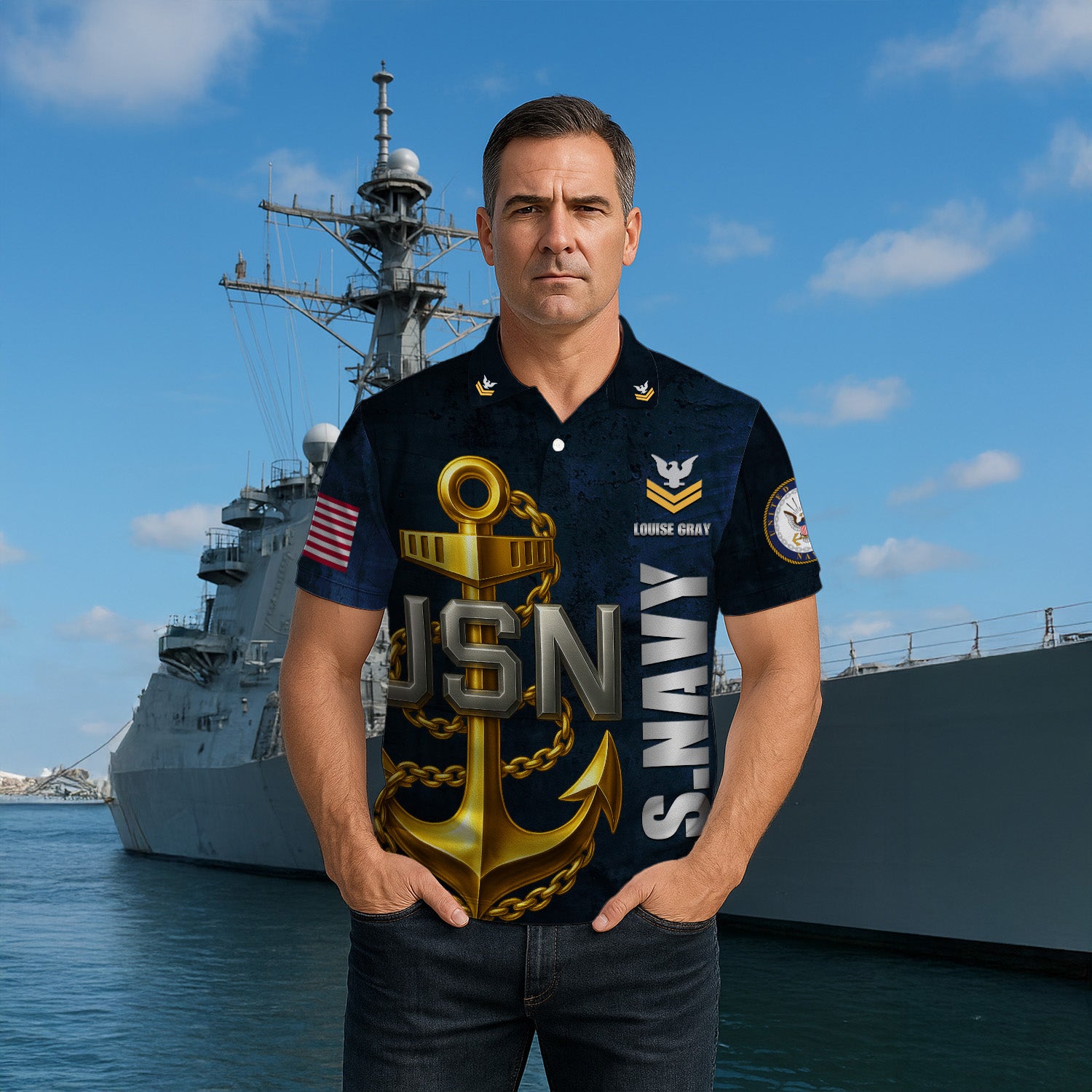 US Navy Polo Shirt – Bold Anchor Design with Custom Rank, Text & Years