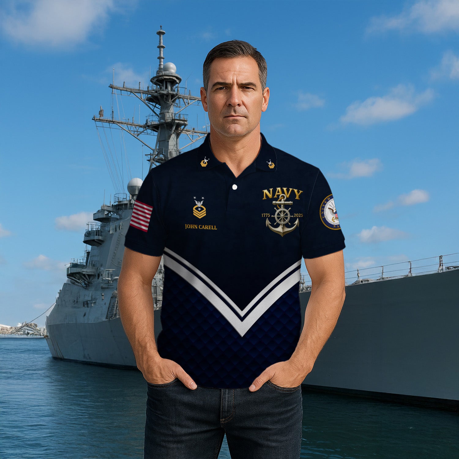 US Navy 250th Anniversary Polo Shirt – Anchor Crest Design with Custom Rank