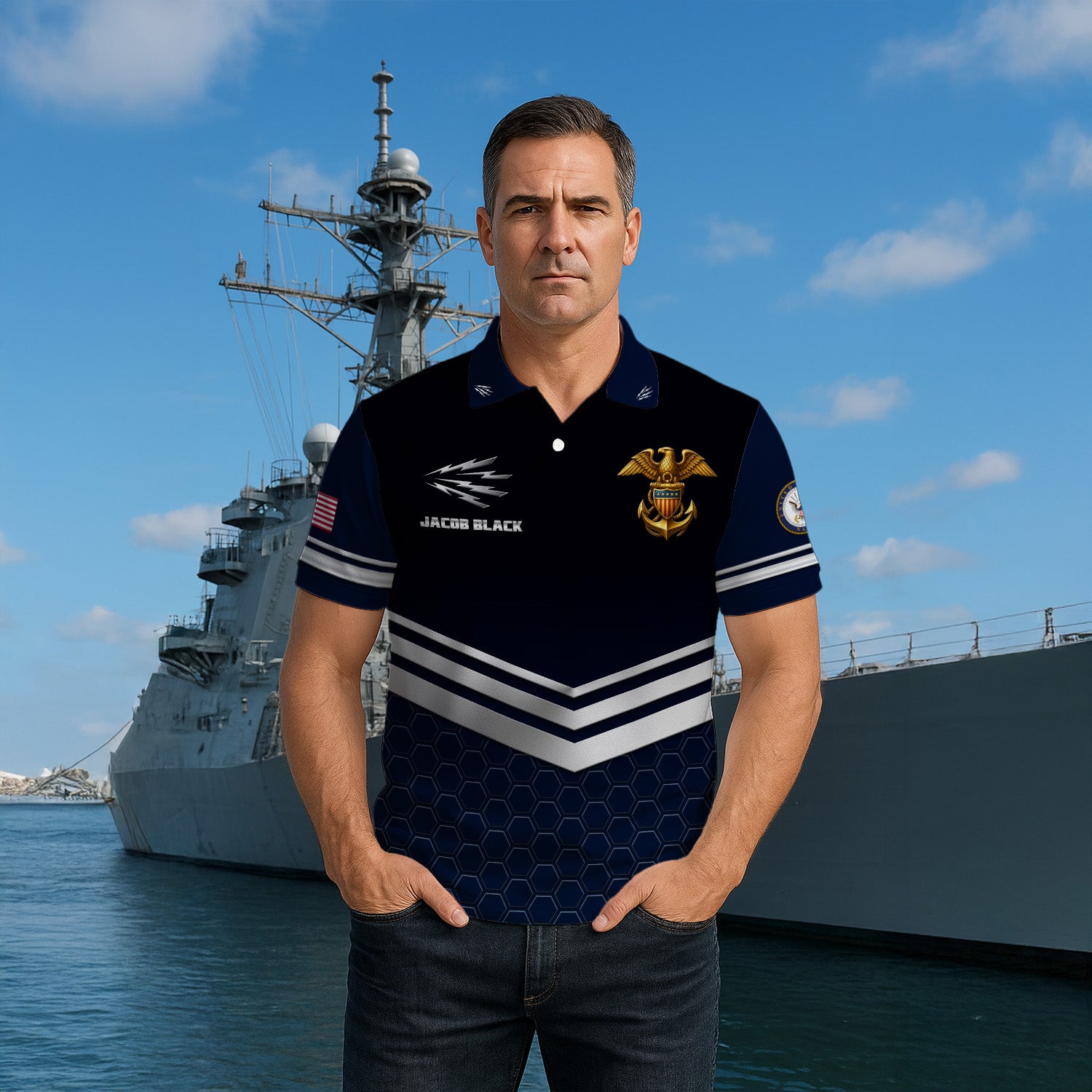US Navy Polo Shirt – Chevron Stripes & Hex Pattern Custom Rank Edition