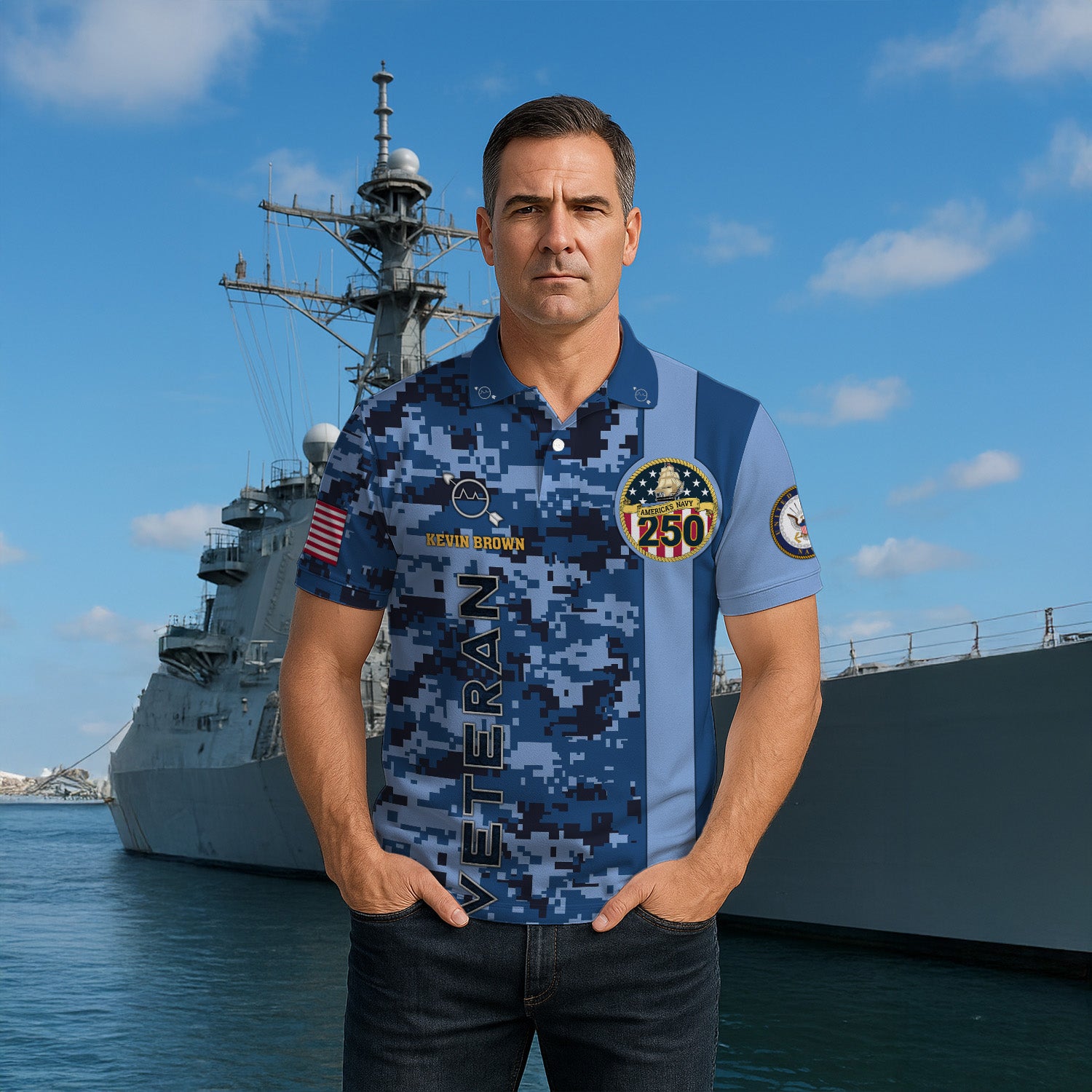 Custom Rank & Text Polo Shirt – Digital Camo Veteran Edition with 250th Anniversary