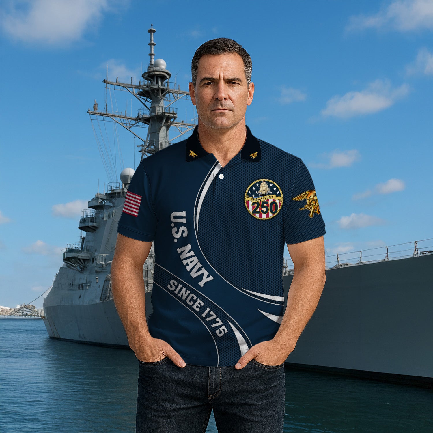 Navy Veteran Polo Shirt – 250 Years of Service, Personalized Rank